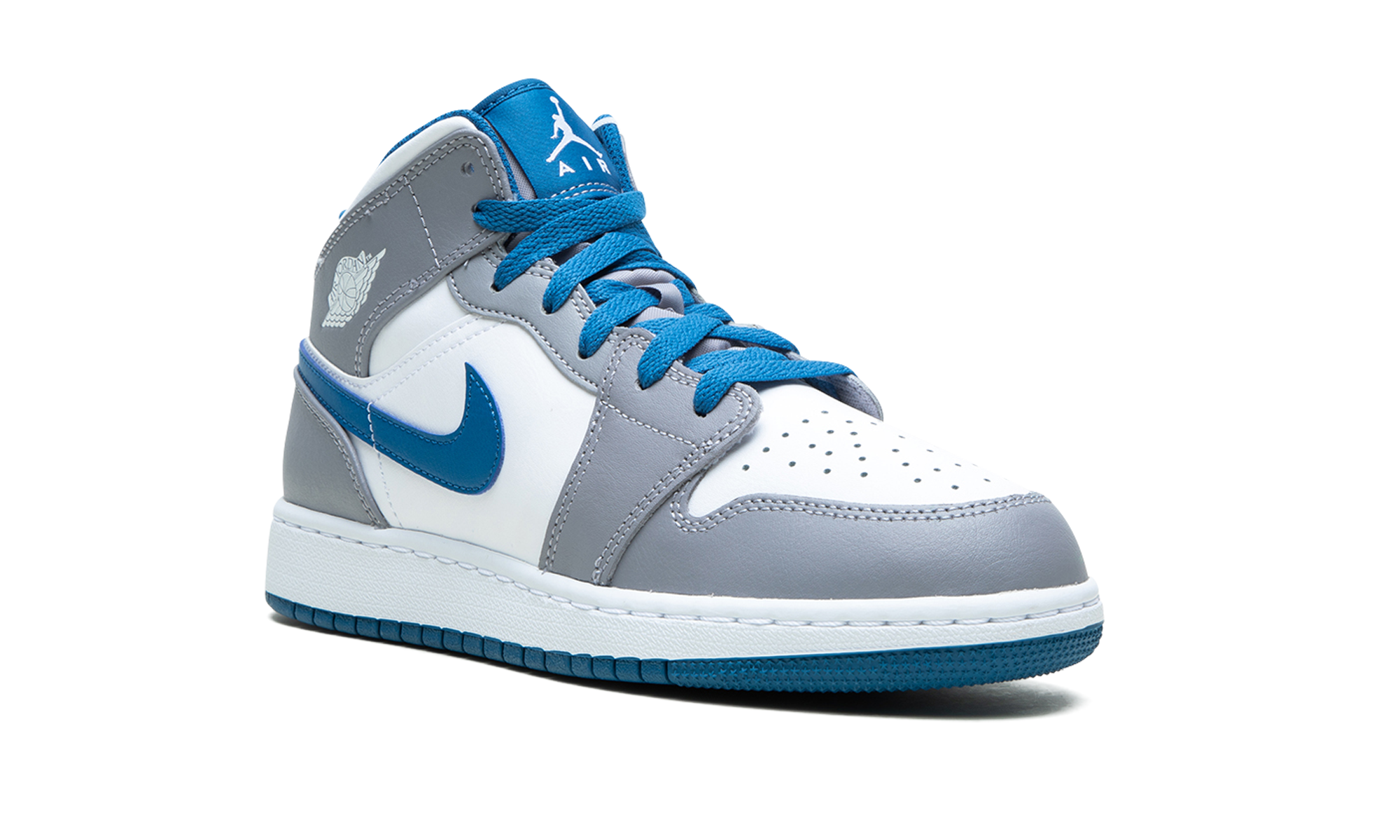 jordan 1 mid true blue cement gs+DQ8423-014+diagnol right view
