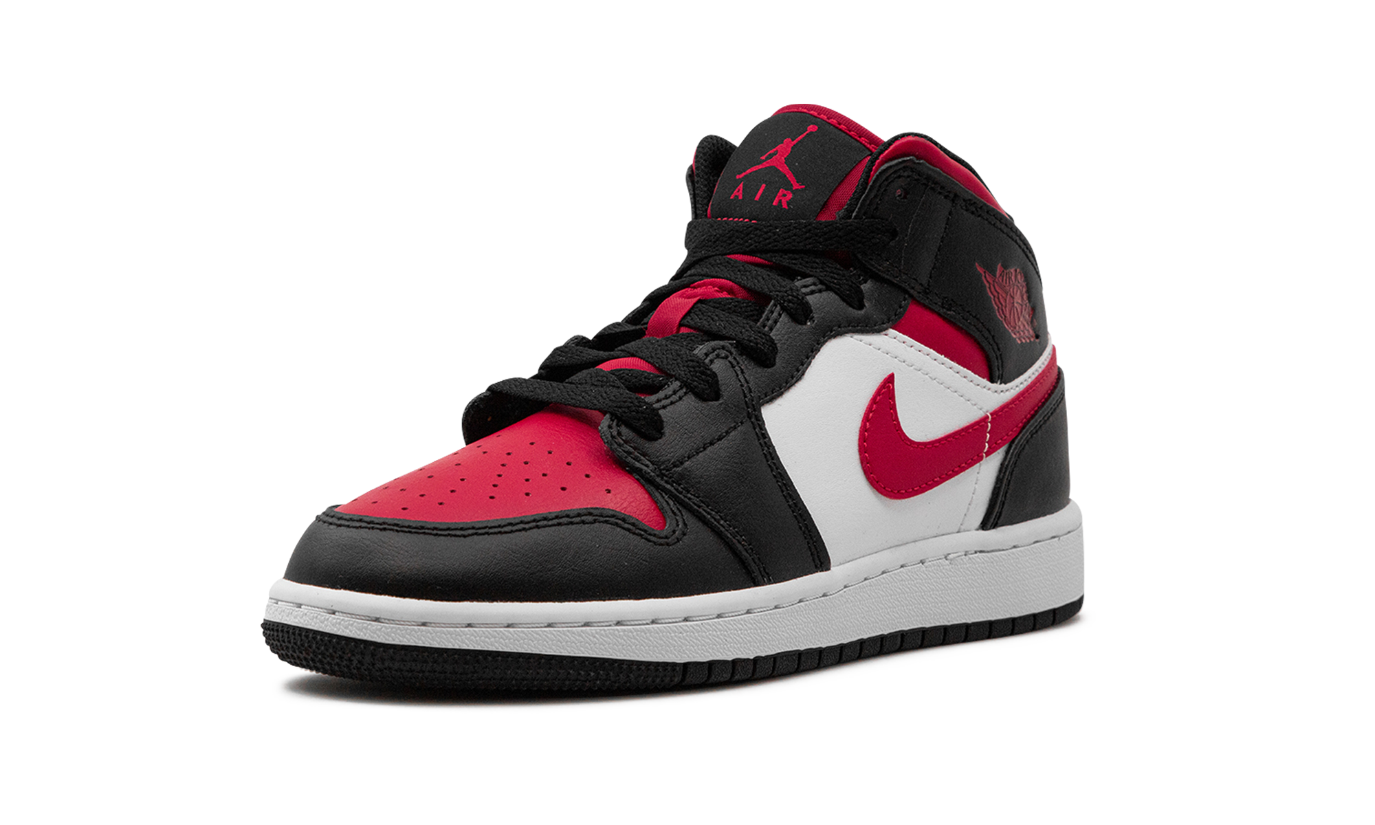 air jordan 1 mid black fire red gs+554725-079+left diagnol single view