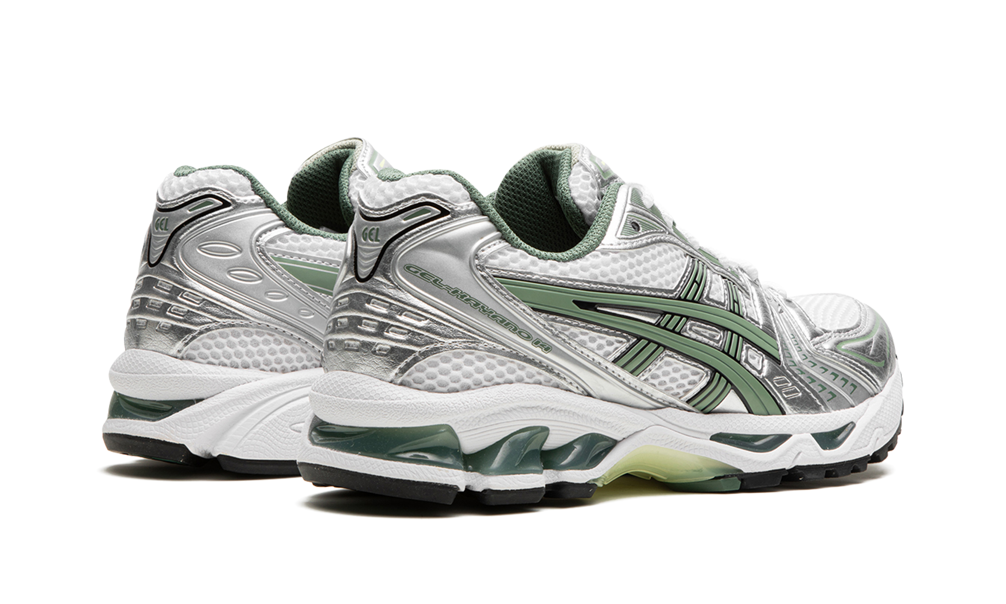asics gel kayano 14 white pure silver slate grey sage+1201A019-107+diagnol right behind view