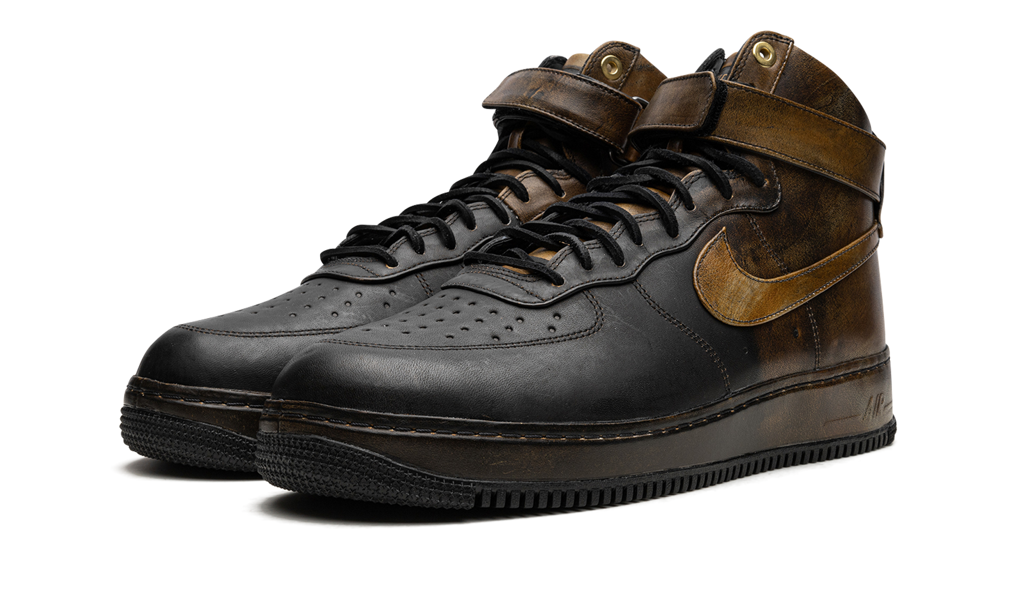 nike air force 1 high pigalle black gold+677129-090+diagnol left view
