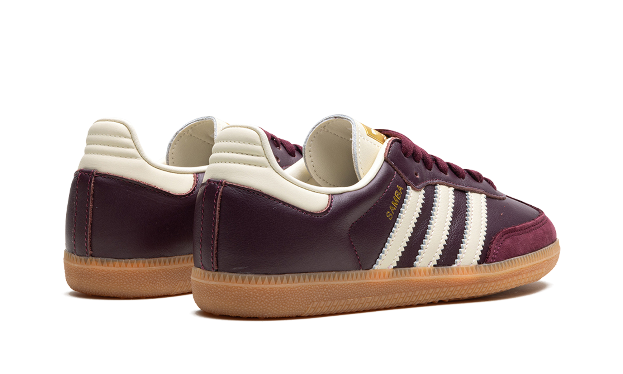 adidas samba og maroon gold metallic women s+ID0477+diagnol right behind view