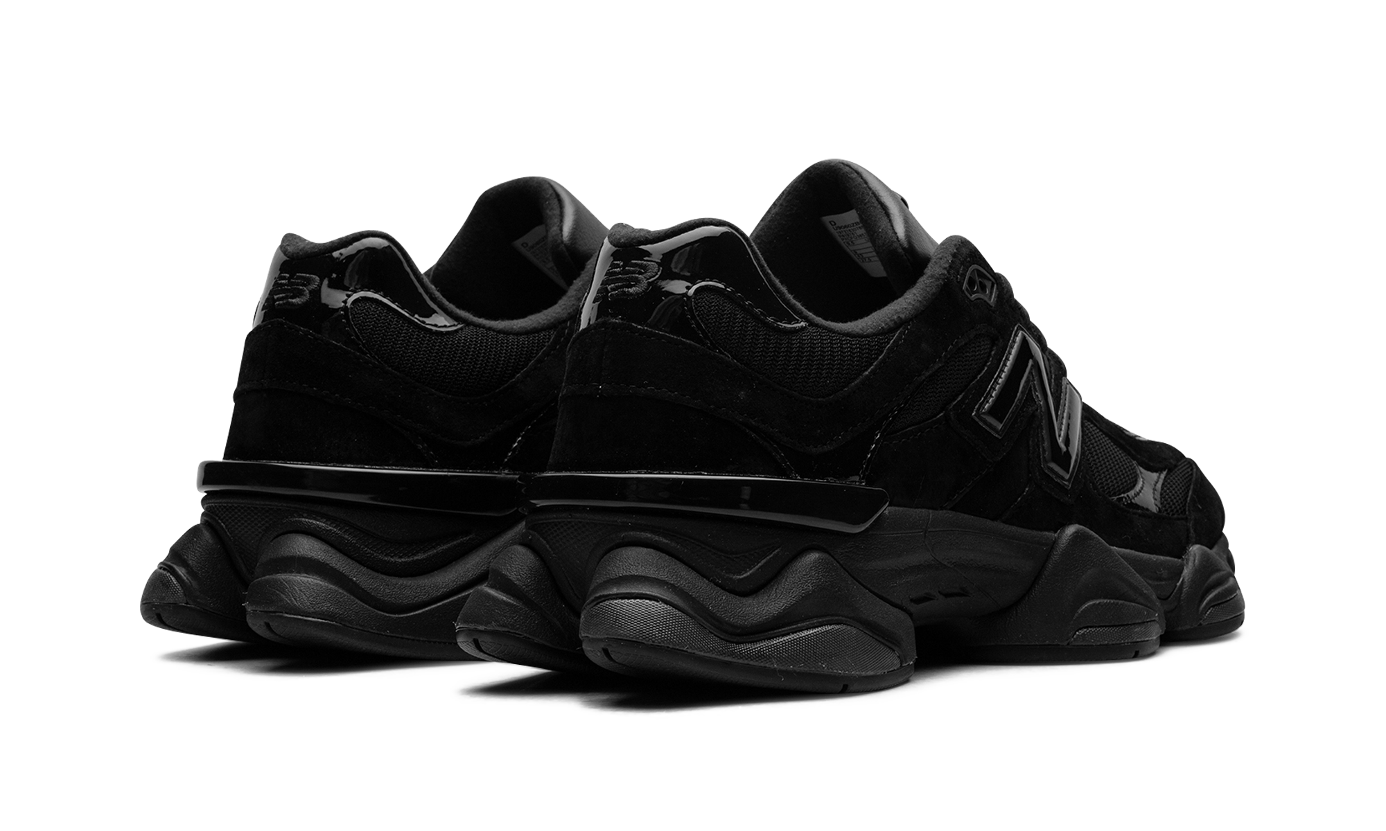 new balance 9060 triple black patent+U9060ZBO+diagnol right behind view