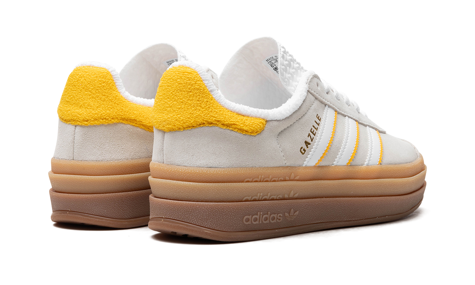 adidas gazelle bold ivory bold gold women s+IH9929+diagnol right behind view