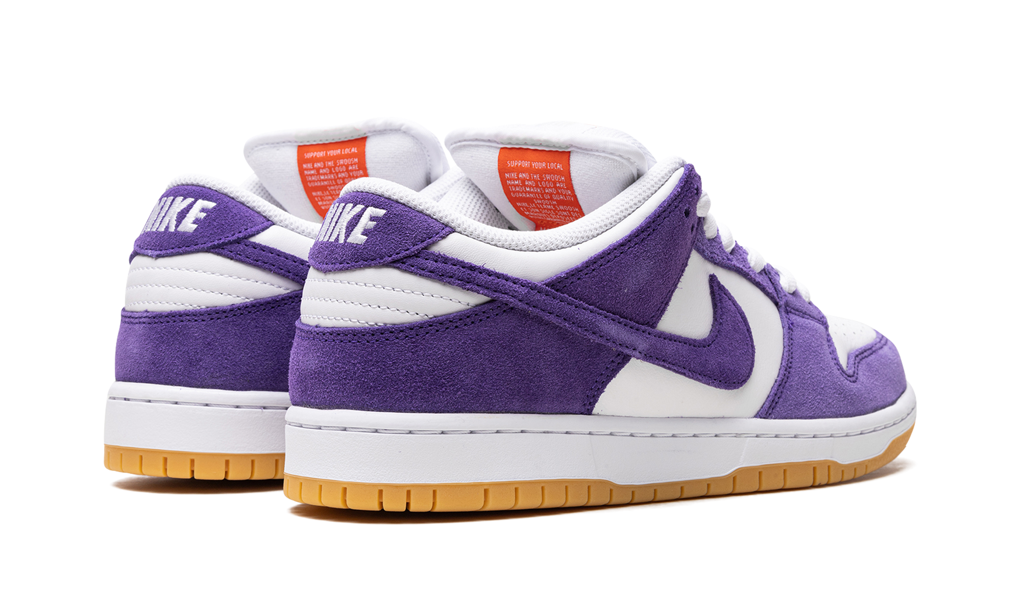 nike sb dunk low pro iso orange label court purple+DV5464-500+diagnol right behind view