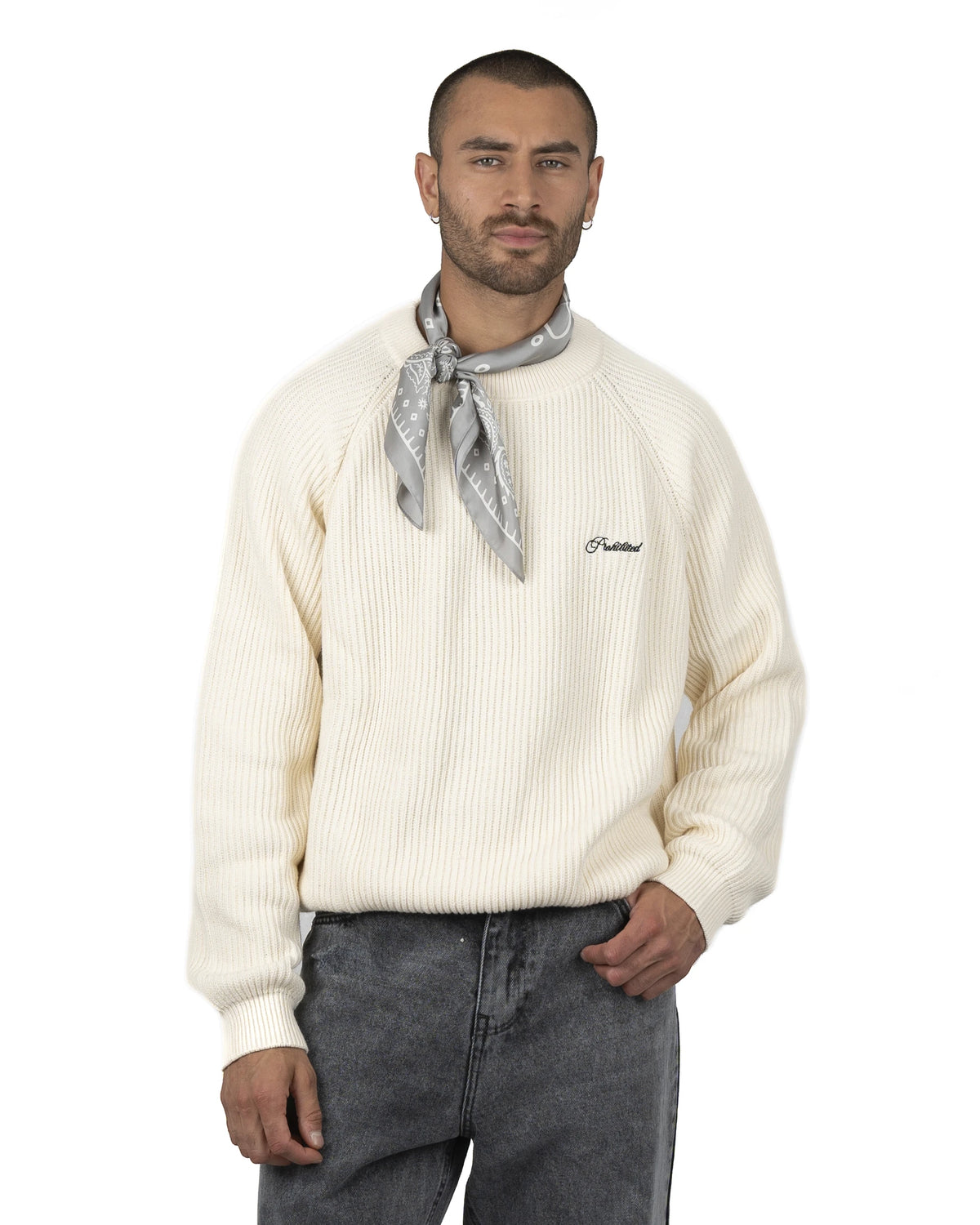 Prohibited Campus Knit Sweater Cream – gedragen door model
