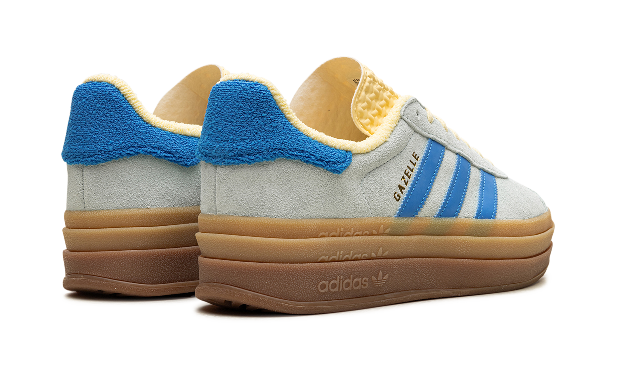 adidas gazelle bold almost blue yellow women s+IE0430+diagnol right behind view