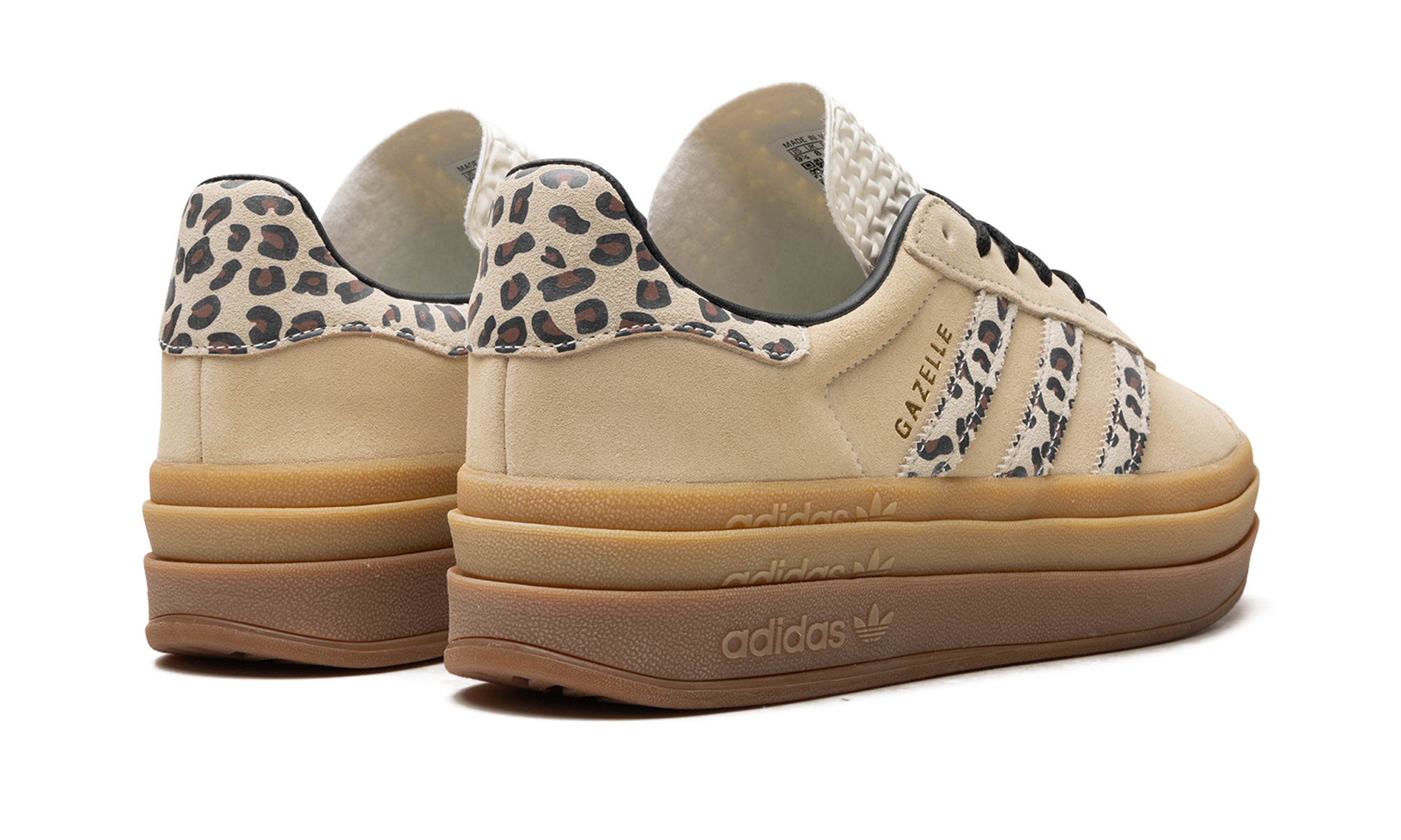 adidas gazelle bold cream black leopard women s+JI1370+diagnol right behind view