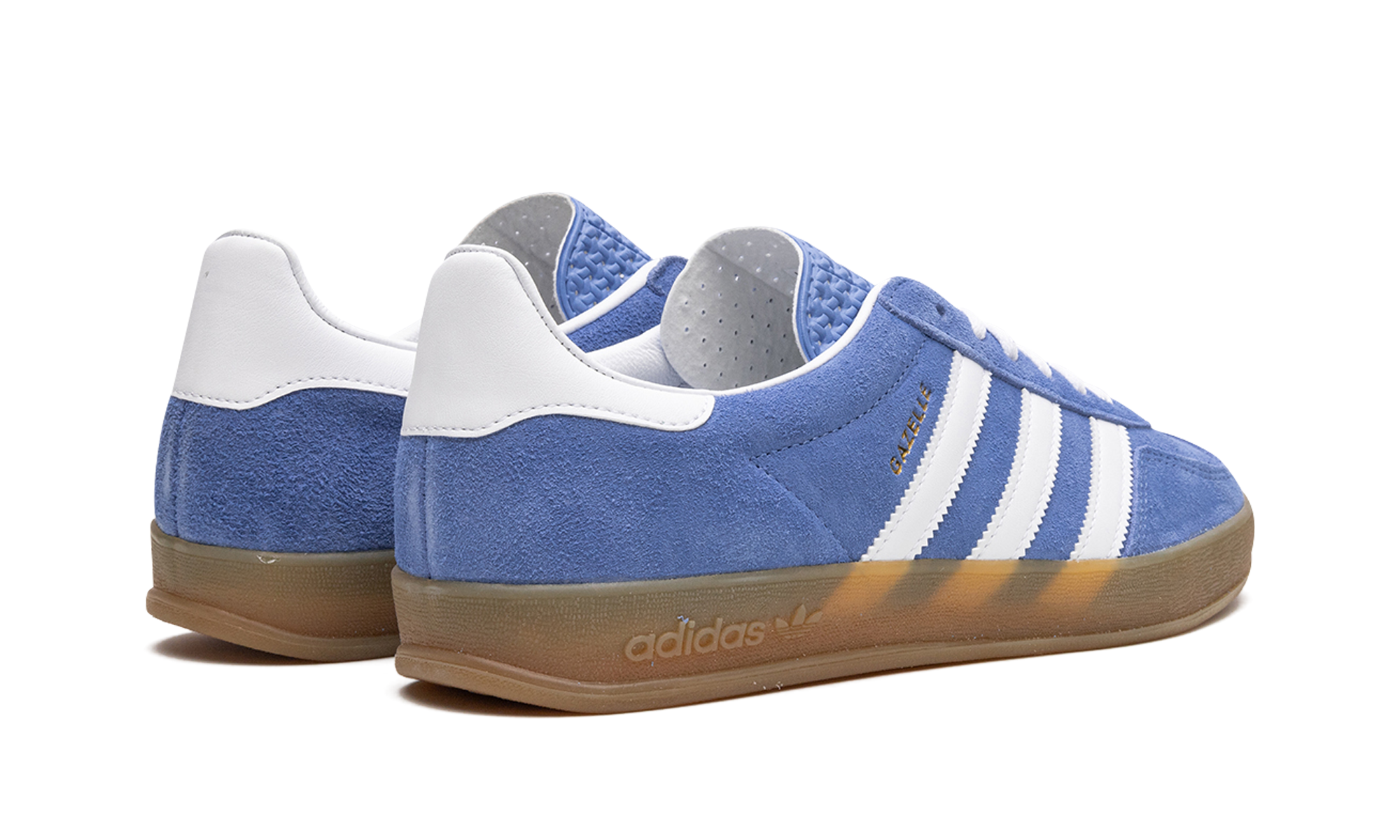 adidas gazelle indoor blue fusion gum women s+HQ8717+diagnol right behind view