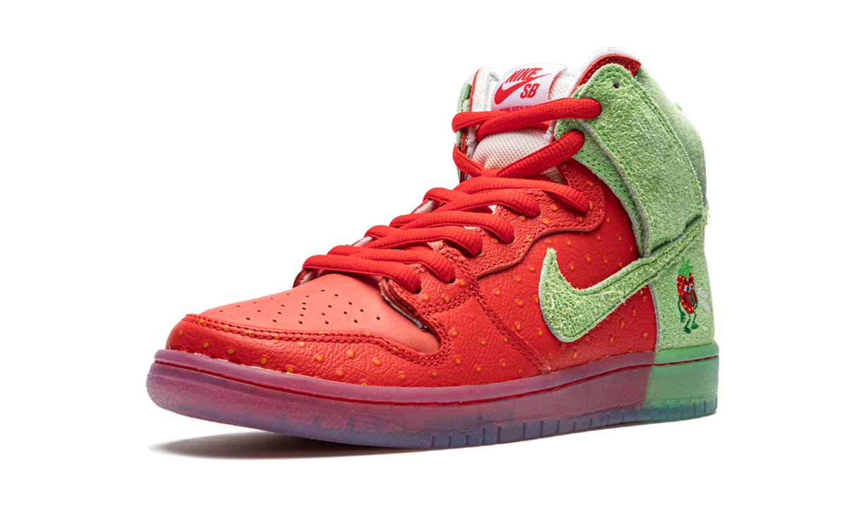 nike sb dunk high strawberry cough+CW7093-600+left diagnol single view