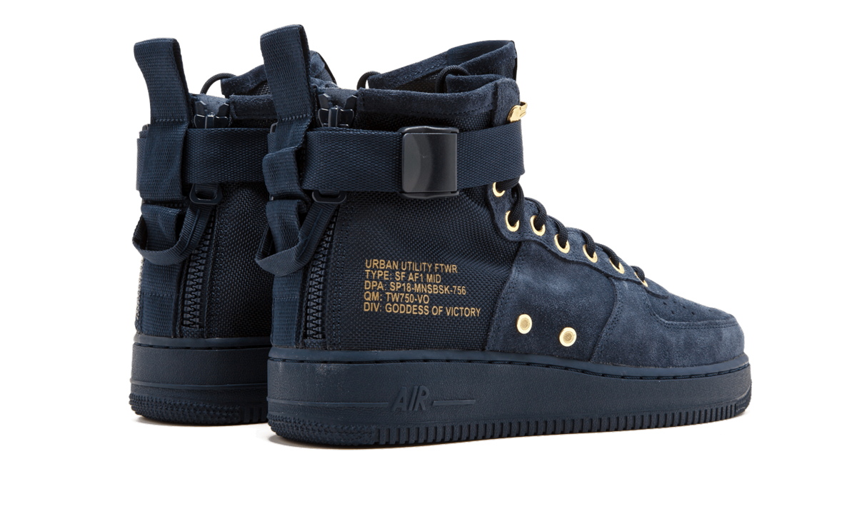 nike sf air force 1 mid obsidian metallic gold+917753-400+diagnol right behind view