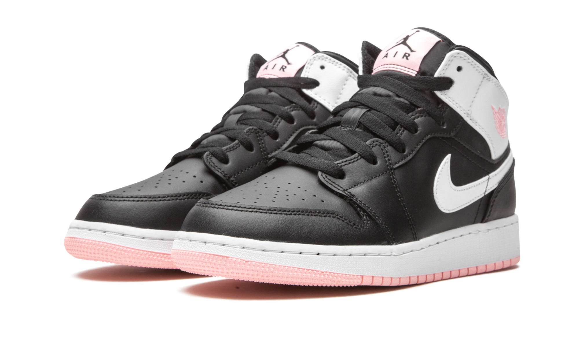 jordan 1 mid arctic pink black gs+555112-061+diagnol left view