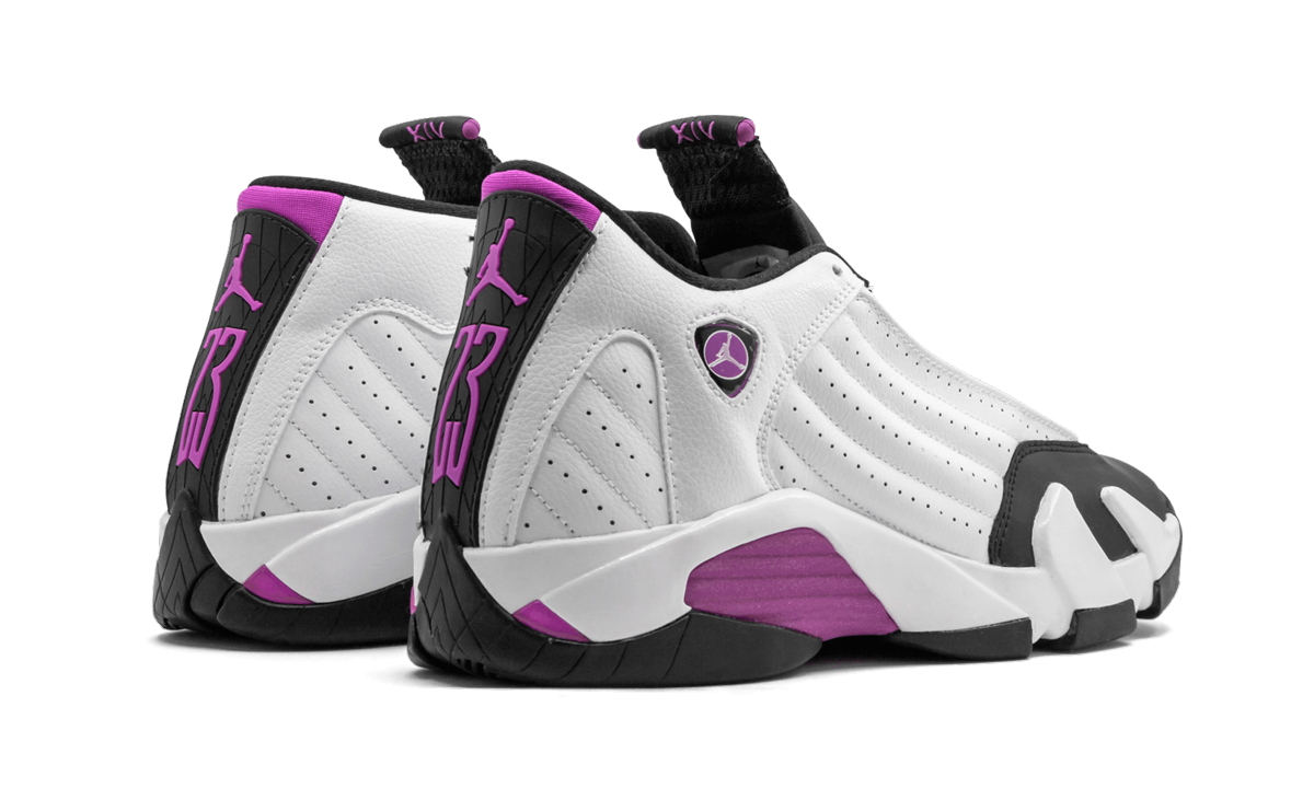 jordan 14 retro fuchsia flash black toe gs+654969-119+diagnol right behind view