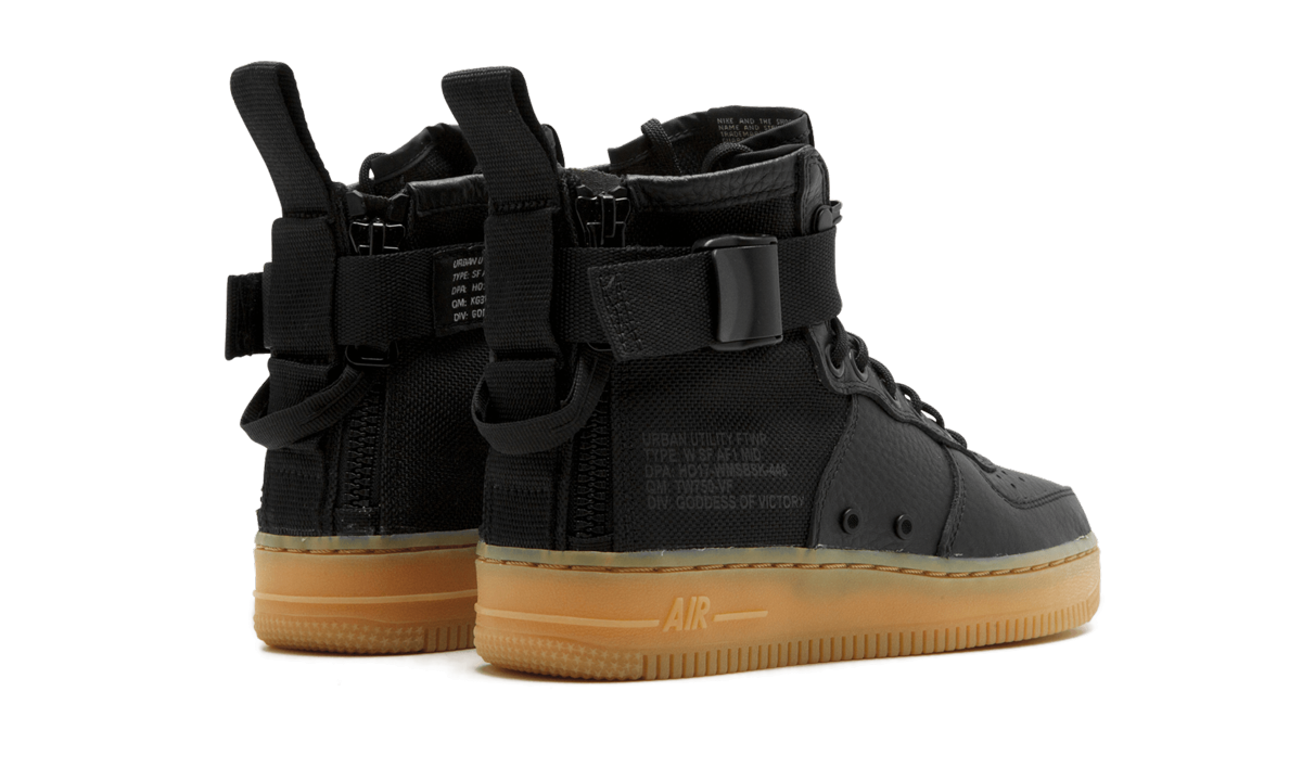 nike sf air force 1 mid black gum women s+AA3966-002+diagnol right behind view
