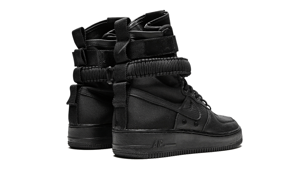 nike sf air force 1 high triple black women s+857872-002+diagnol right behind view