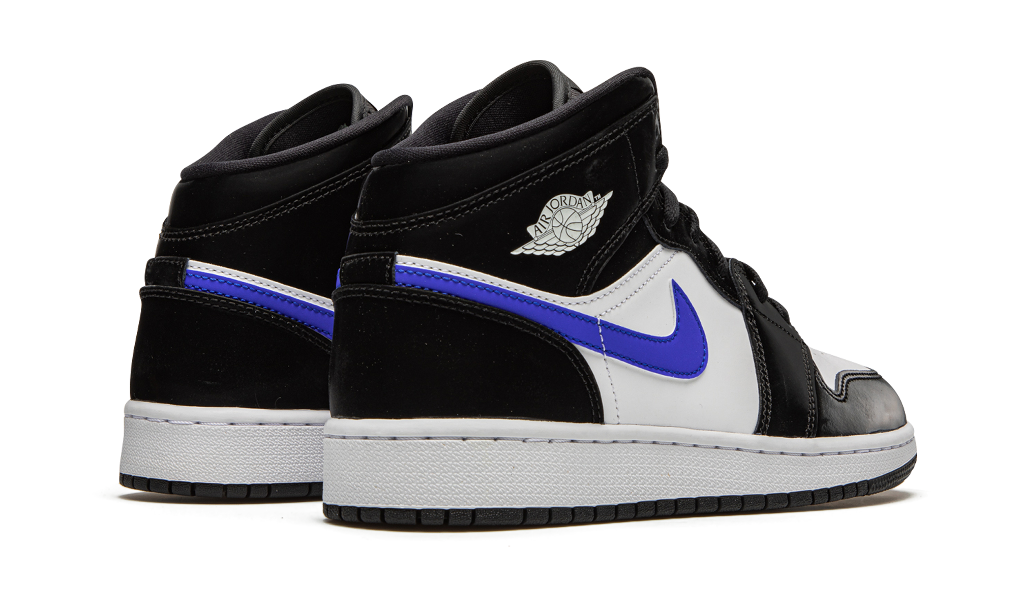 jordan 1 mid black racer blue white gs+554725-084+diagnol right behind view