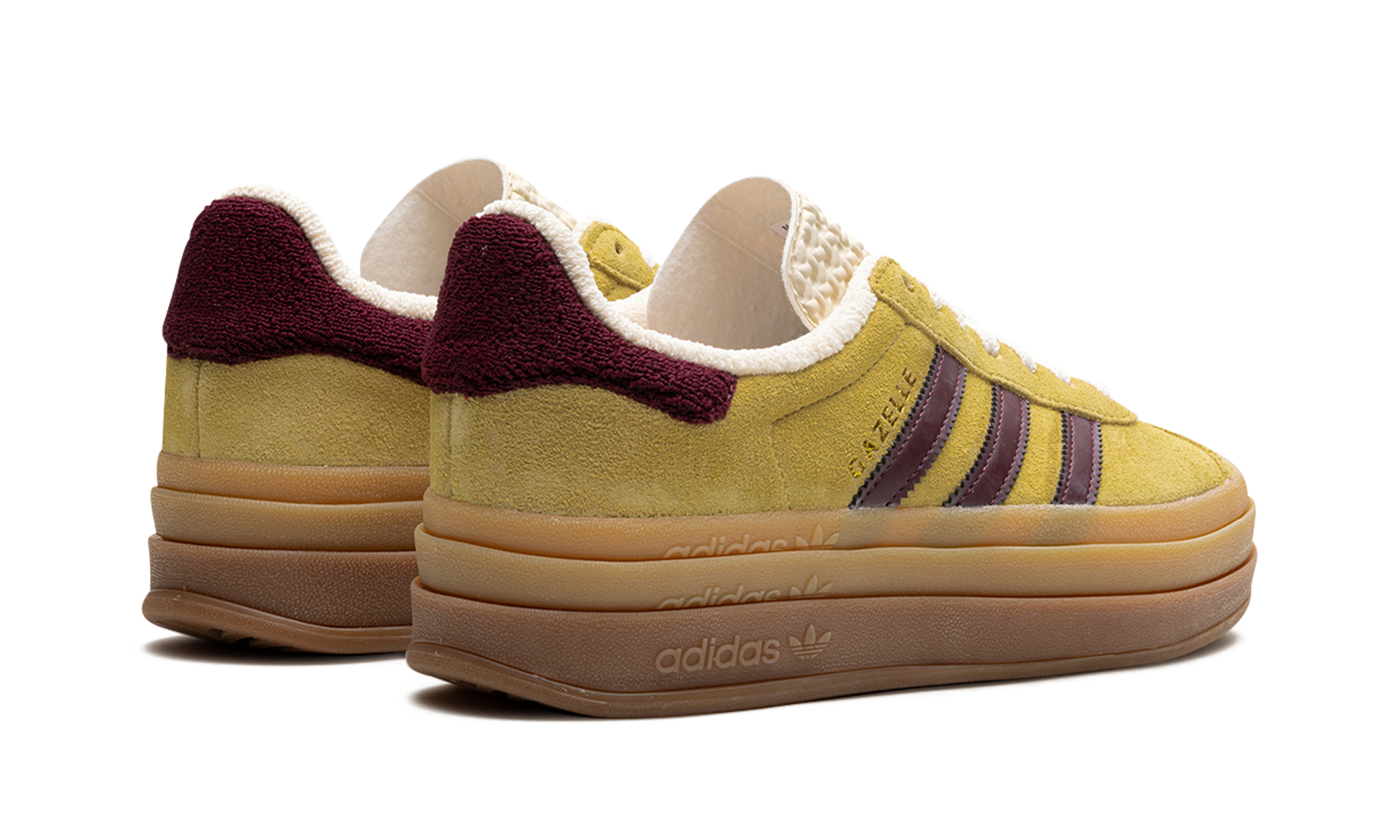 adidas gazelle bold almost yellow maroon women s+IF5937+diagnol right behind view
