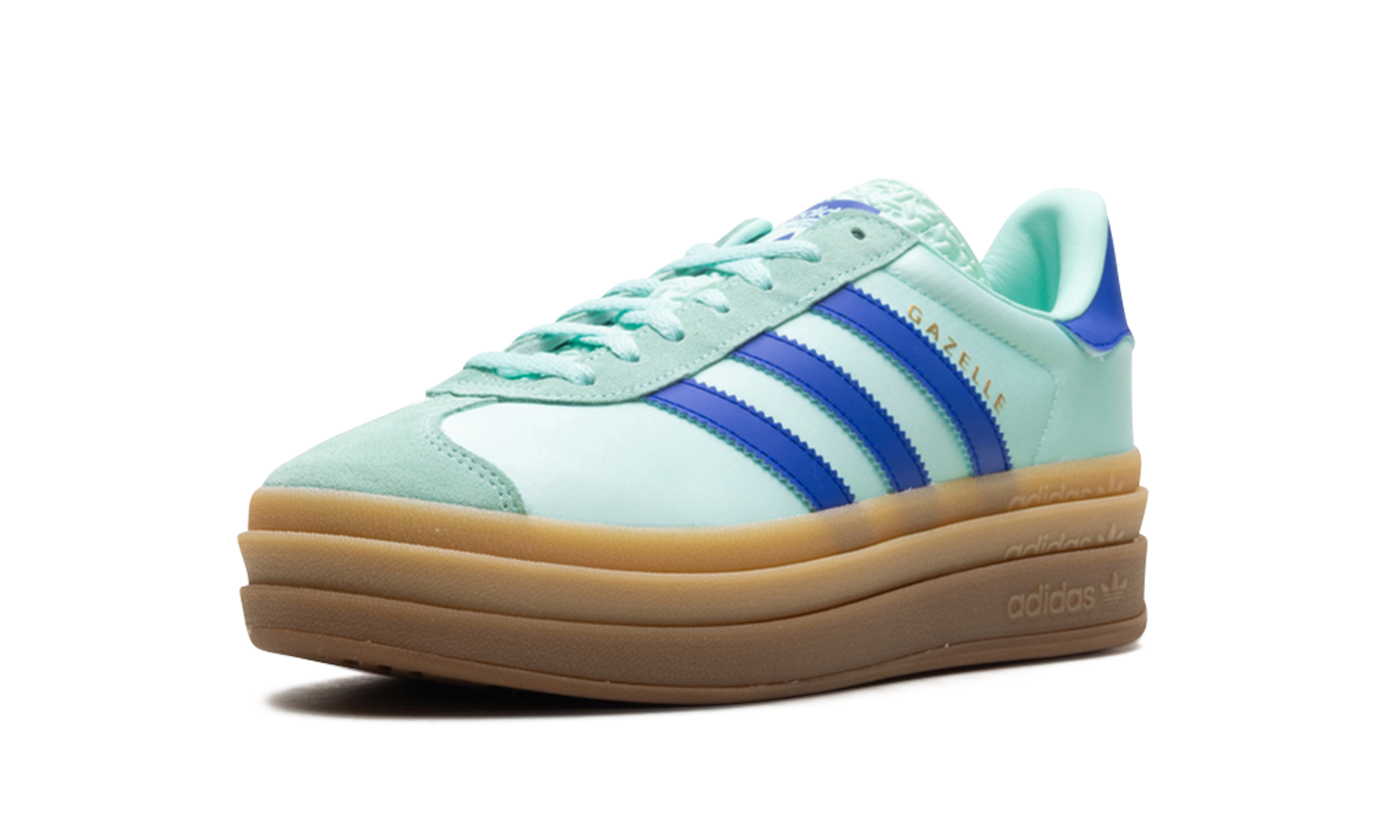 adidas gazelle bold clear mint lucid blue gold metallic women s+JI2702+left diagnol single view