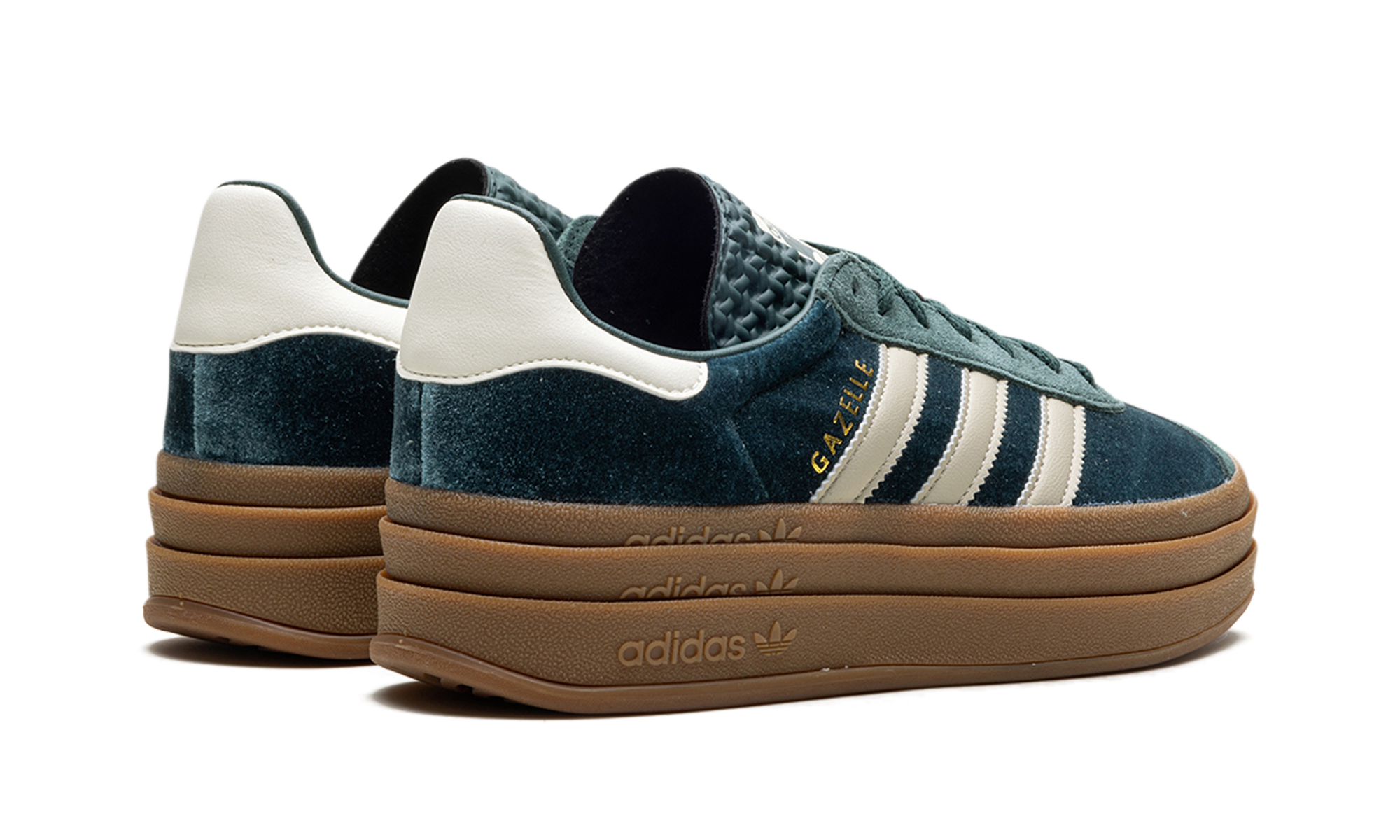adidas gazelle bold mineral green velvet women s+IG4391+diagnol right behind view