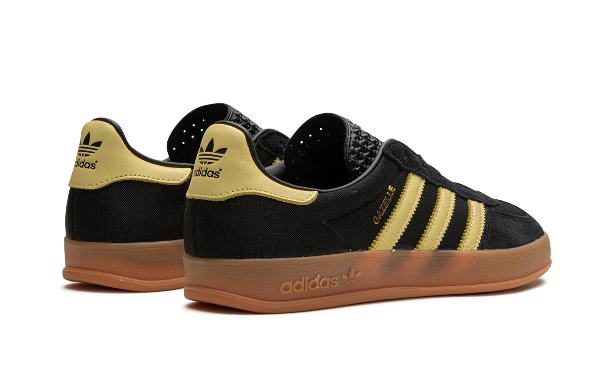 adidas gazelle indoor black almost yellow gum+IG4999+diagnol right behind view