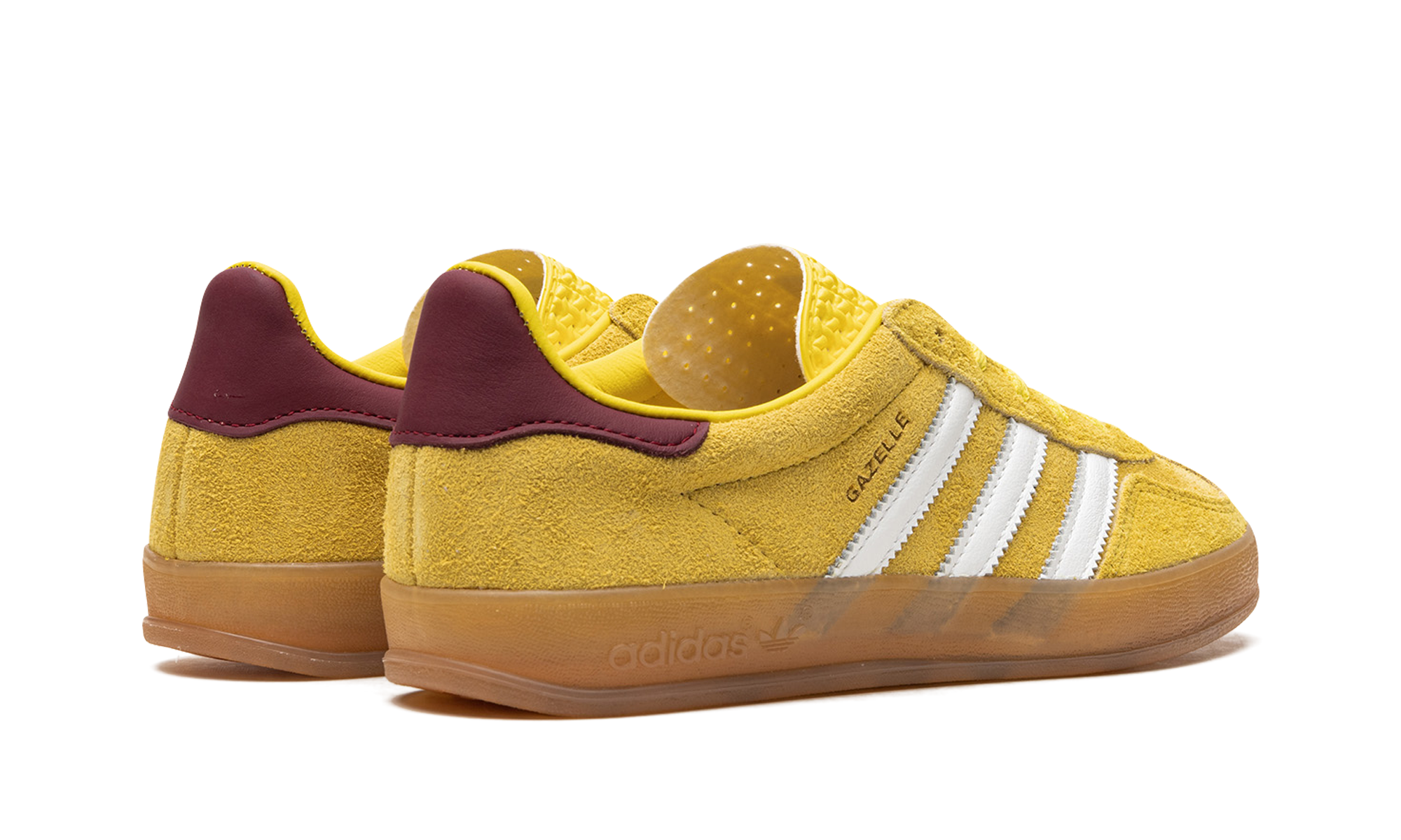 adidas gazelle indoor bright yellow collegiate burgundy women s+IE7003+diagnol right behind view