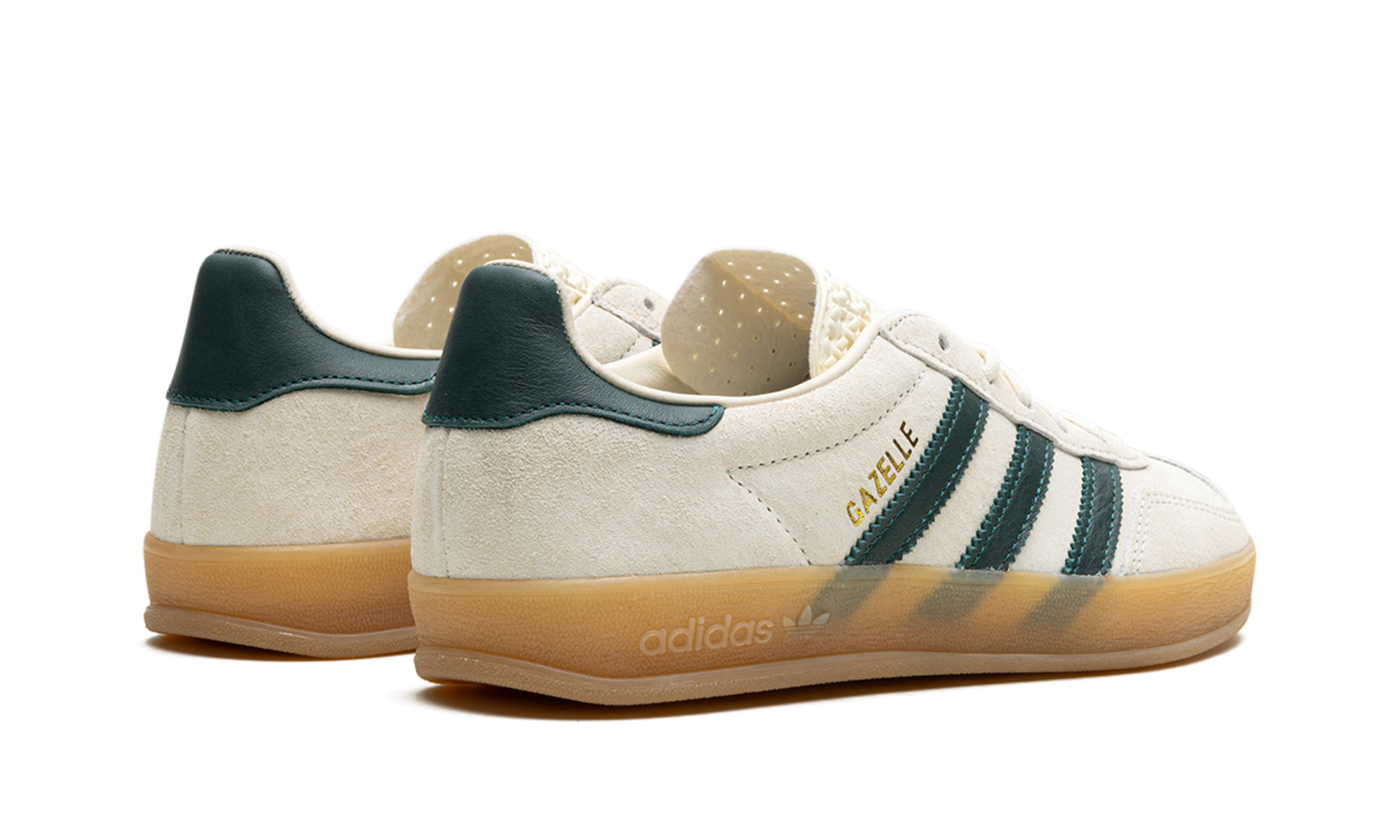 adidas gazelle indoor cream white collegiate green gum+IH7502+diagnol right behind view