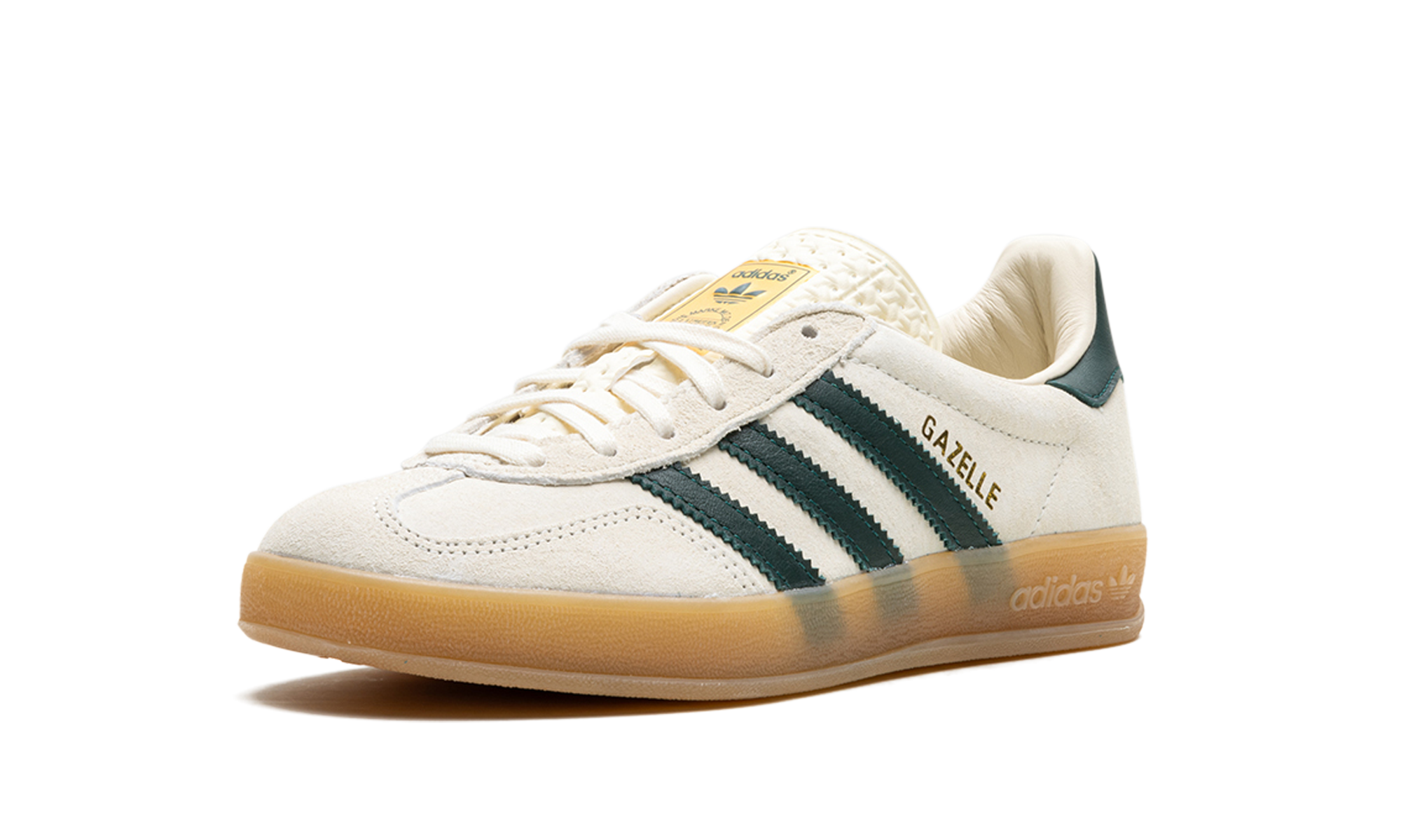 adidas gazelle indoor cream white collegiate green gum+IH7502+left diagnol single view