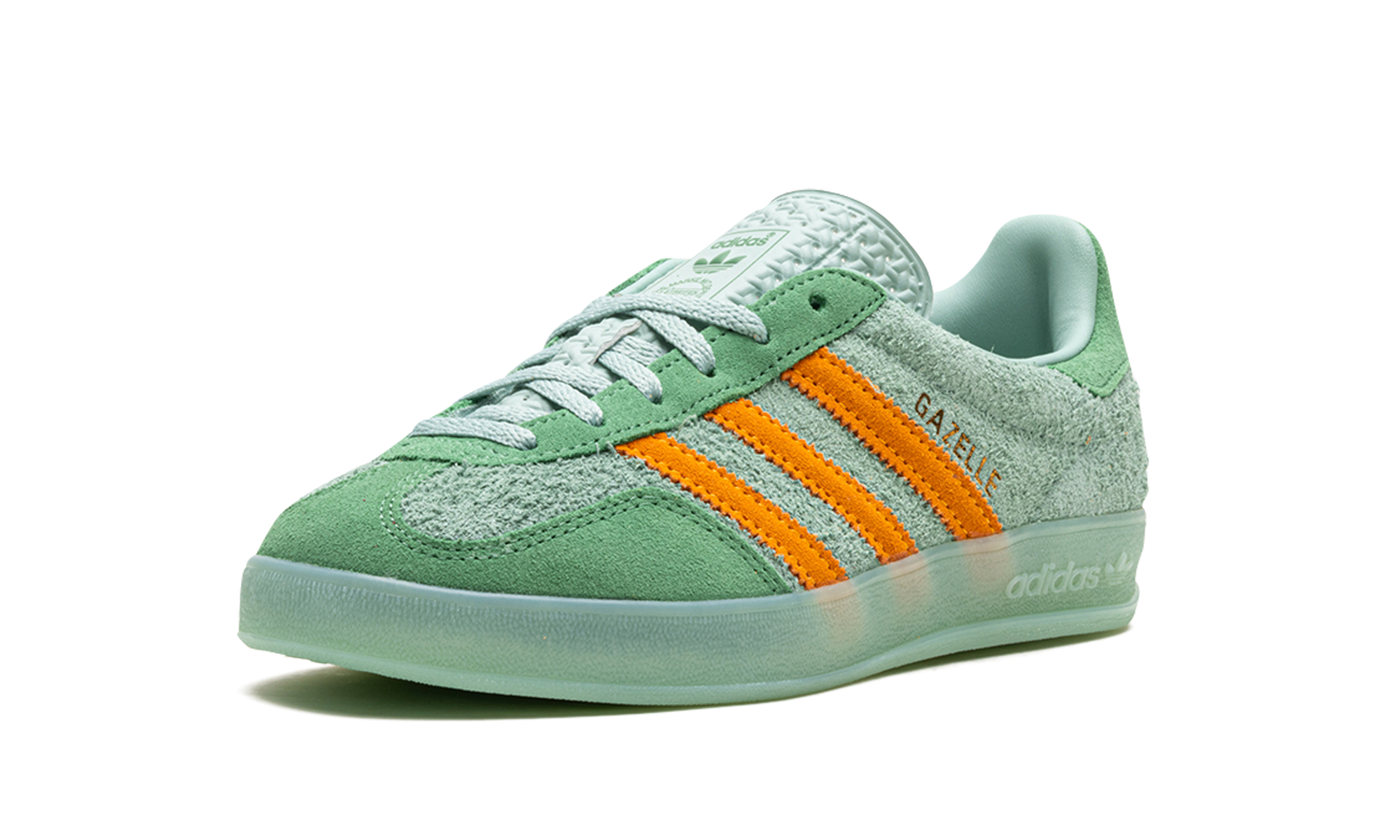 adidas gazelle indoor hazy green crew yellow women s+IG6783+left diagnol single view