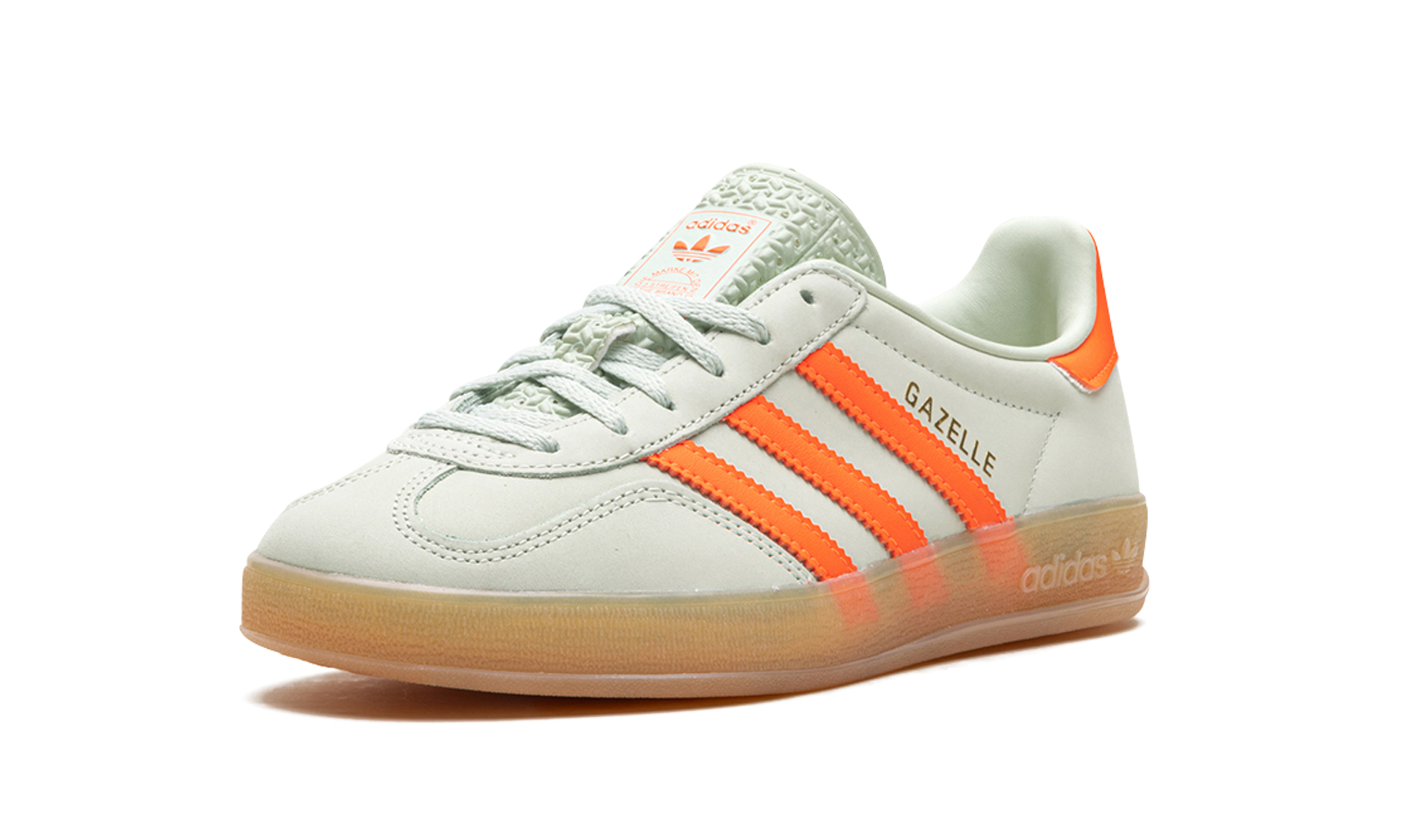 adidas gazelle indoor linen green solar orange women s+IF6982+diagnol right behind view