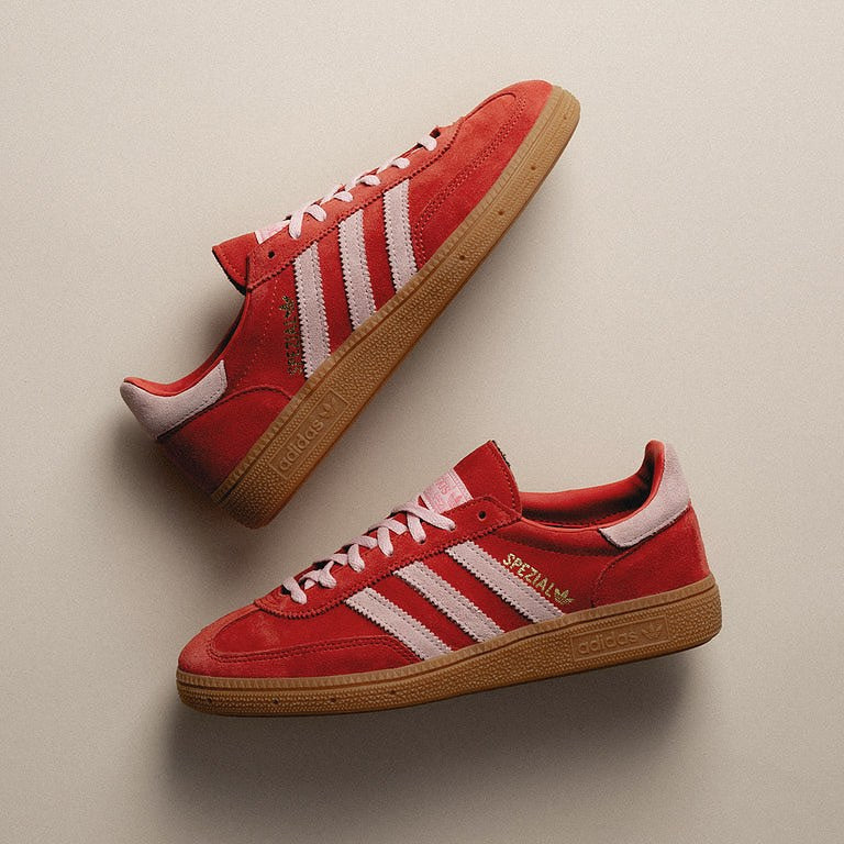 adidas Handball Spezial Bright Red Clear Pink (Women's), Lifestyle View 1, SKU IE5894