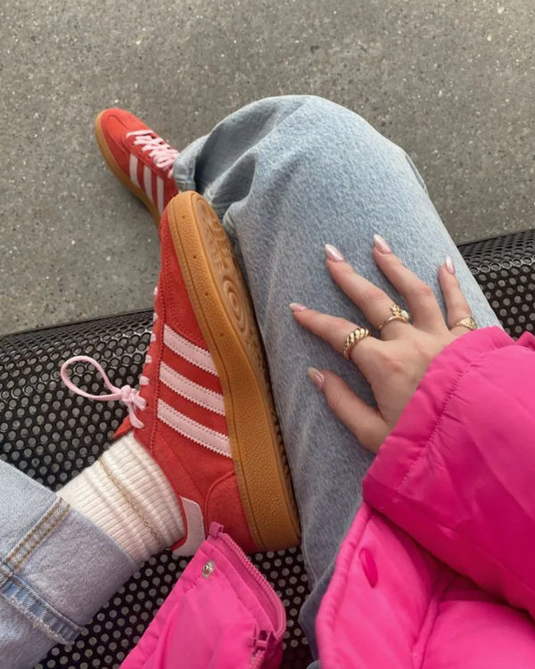 adidas Handball Spezial Bright Red Clear Pink (Women's), Lifestyle View 2, SKU IE5894