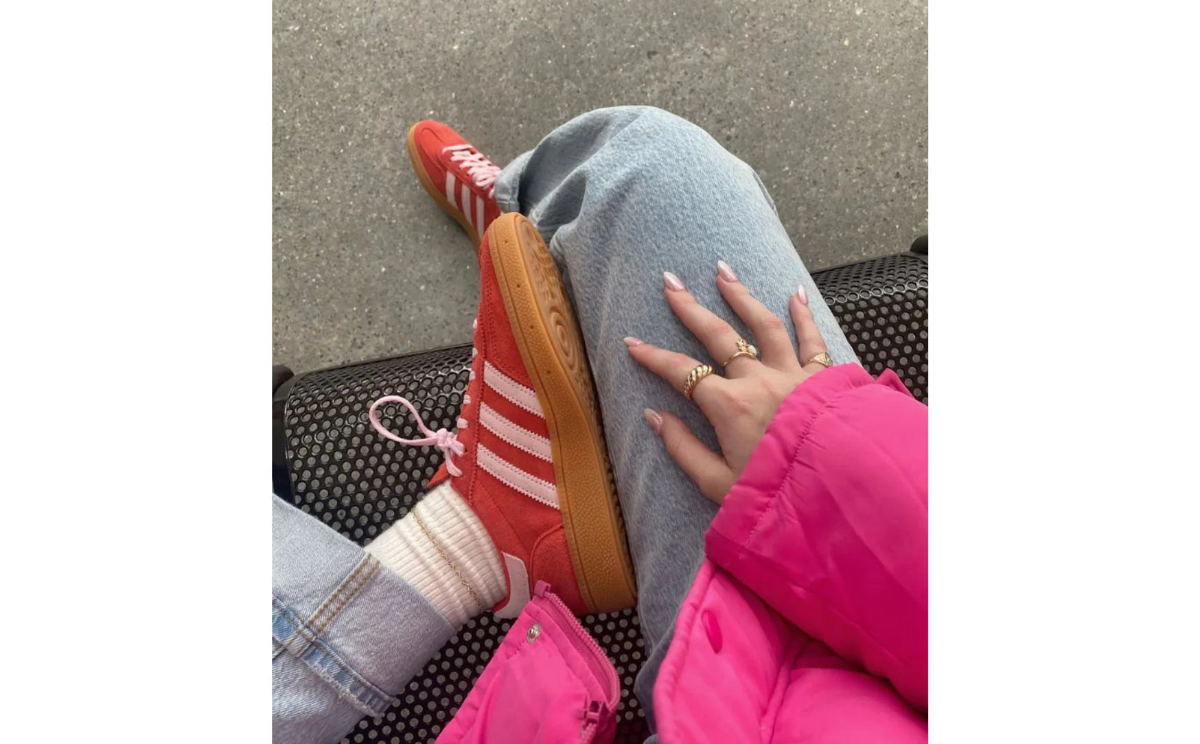 adidas Handball Spezial Bright Red Clear Pink (Women's), Lifestyle View 2, SKU IE5894