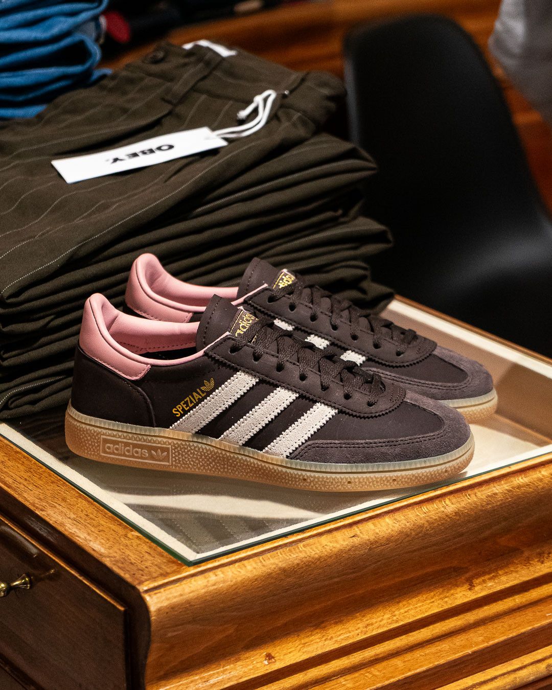 adidas Handball Spezial Dark Brown Wonder Mauve (Women's), Lifestyle View 1, SKU JR0852