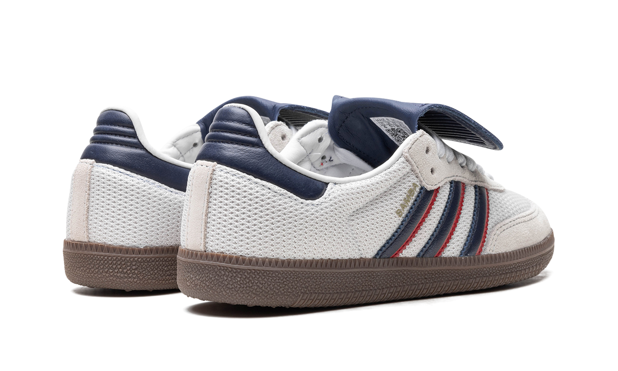 adidas samba lt crystal white dark blue+IE9169+diagnol right behind view