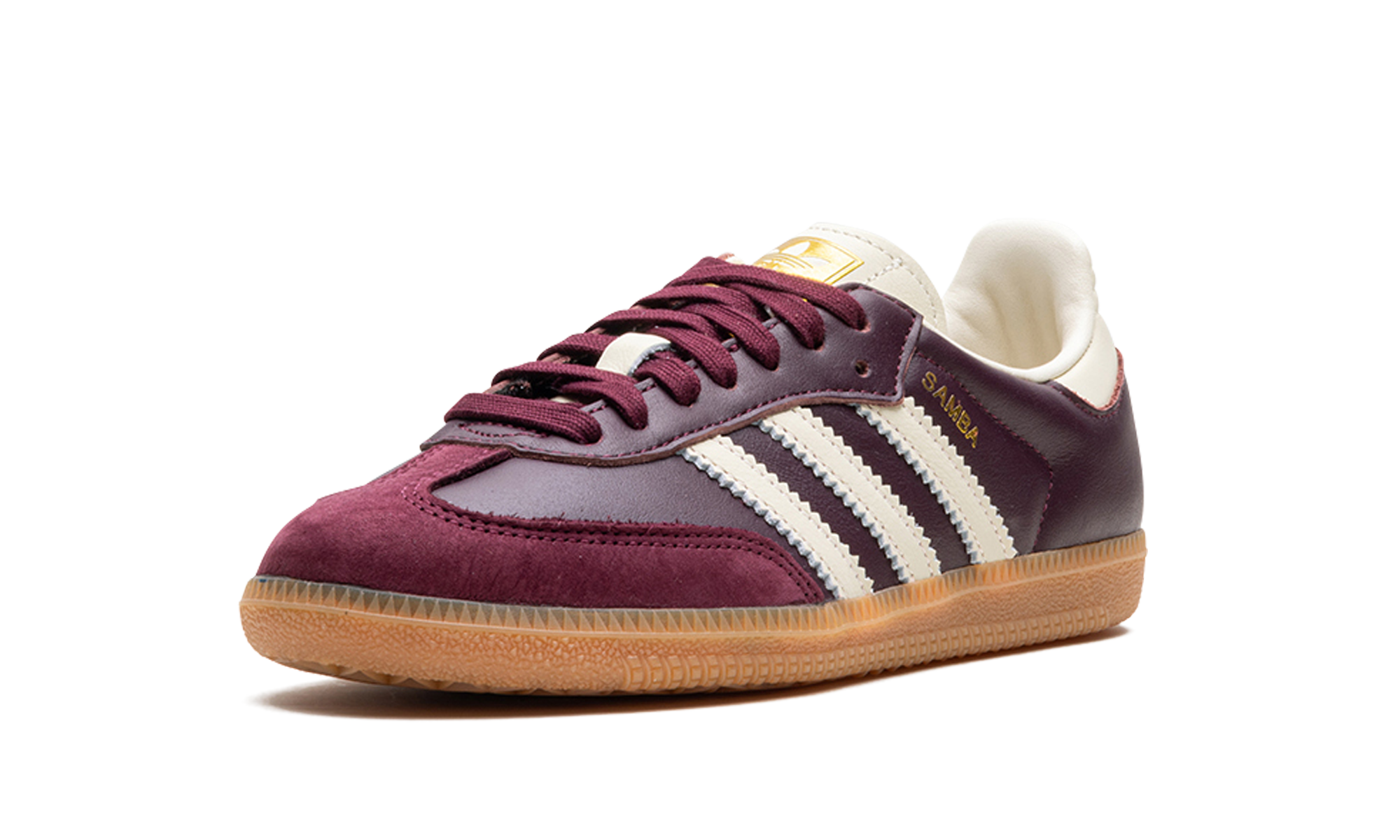 adidas samba og maroon gold metallic women s+ID0477+left diagnol single view