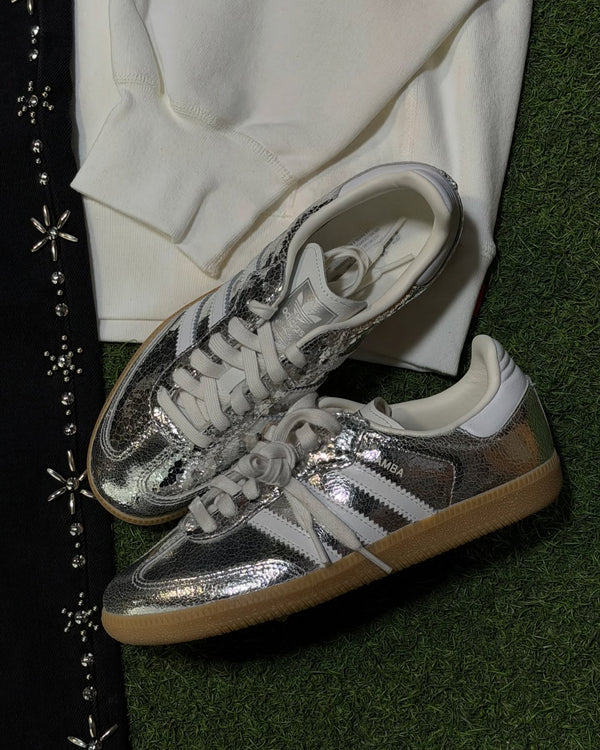adidas Samba OG Silver Metallic Cracked Leather (Women's), Lifestyle View 4, SKU JR0035