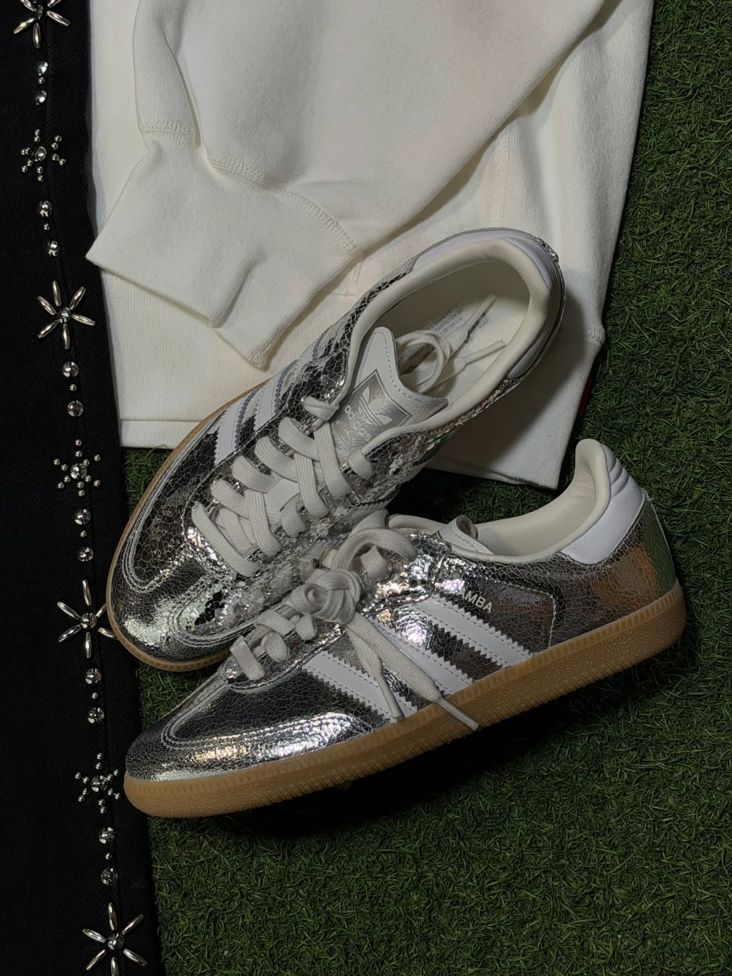 adidas Samba OG Silver Metallic Cracked Leather (Women's), Lifestyle View 4, SKU JR0035
