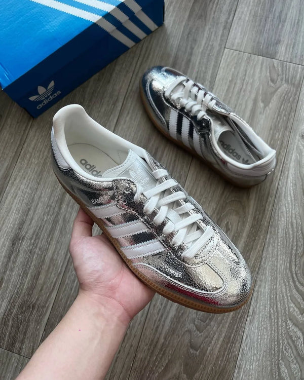 adidas Samba OG Silver Metallic Cracked Leather (Women's), Lifestyle View 1, SKU JR0035