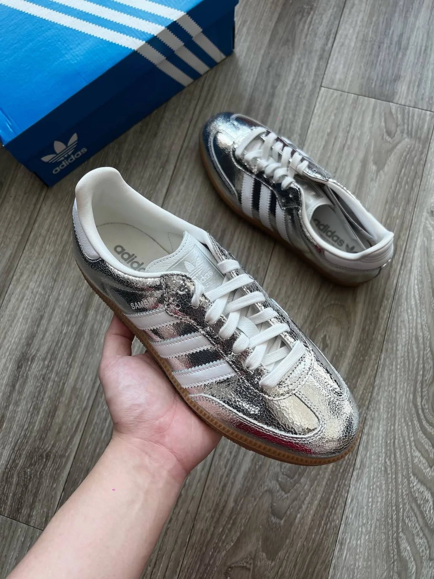 adidas Samba OG Silver Metallic Cracked Leather (Women's), Lifestyle View 1, SKU JR0035