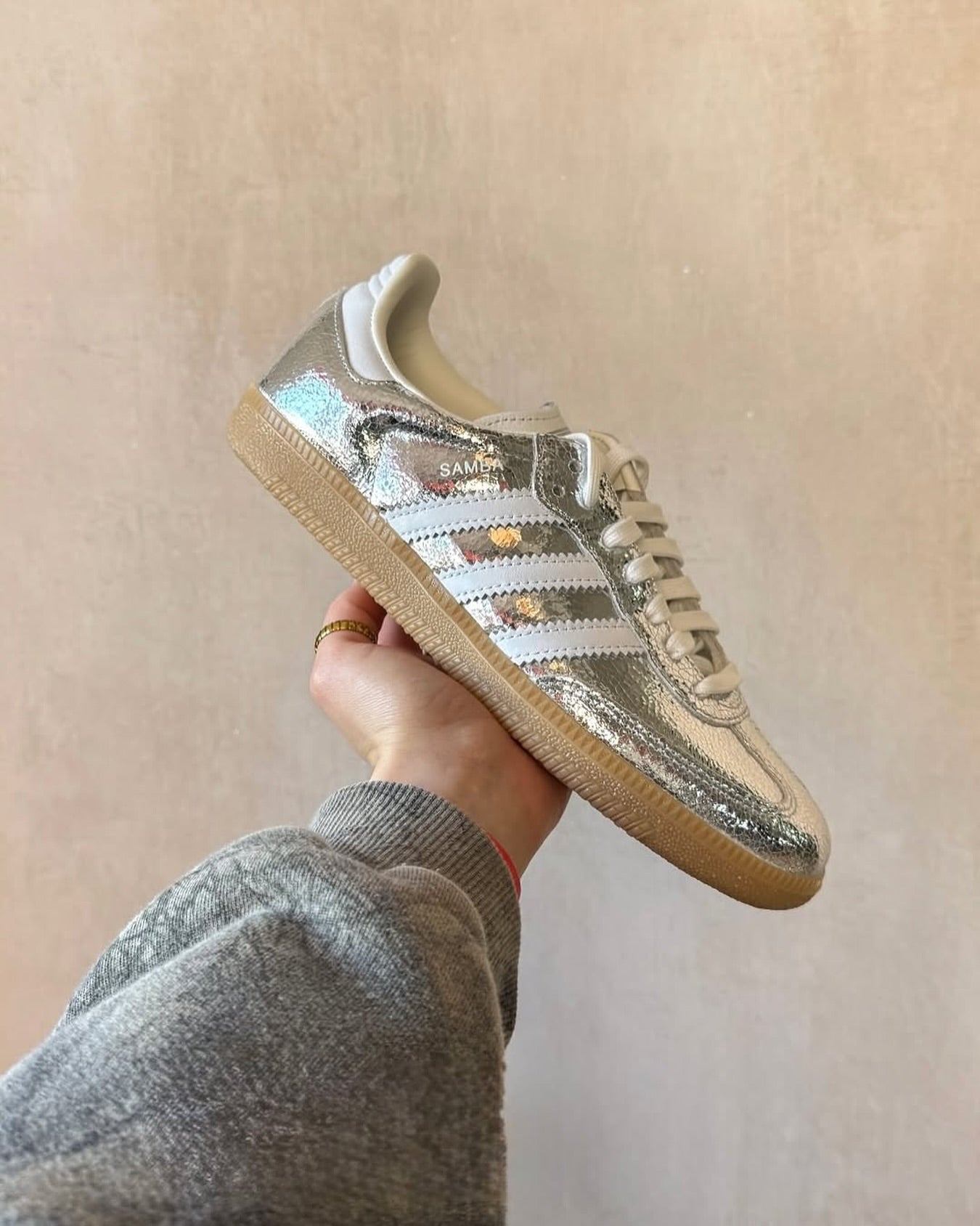 adidas Samba OG Silver Metallic Cracked Leather (Women's), Lifestyle View 2, SKU JR0035