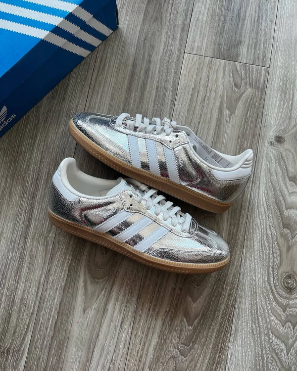 adidas Samba OG Silver Metallic Cracked Leather (Women's), Lifestyle View 3, SKU JR0035