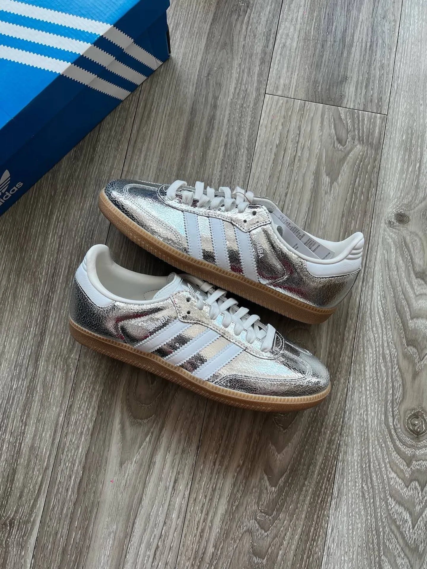adidas Samba OG Silver Metallic Cracked Leather (Women's), Lifestyle View 3, SKU JR0035