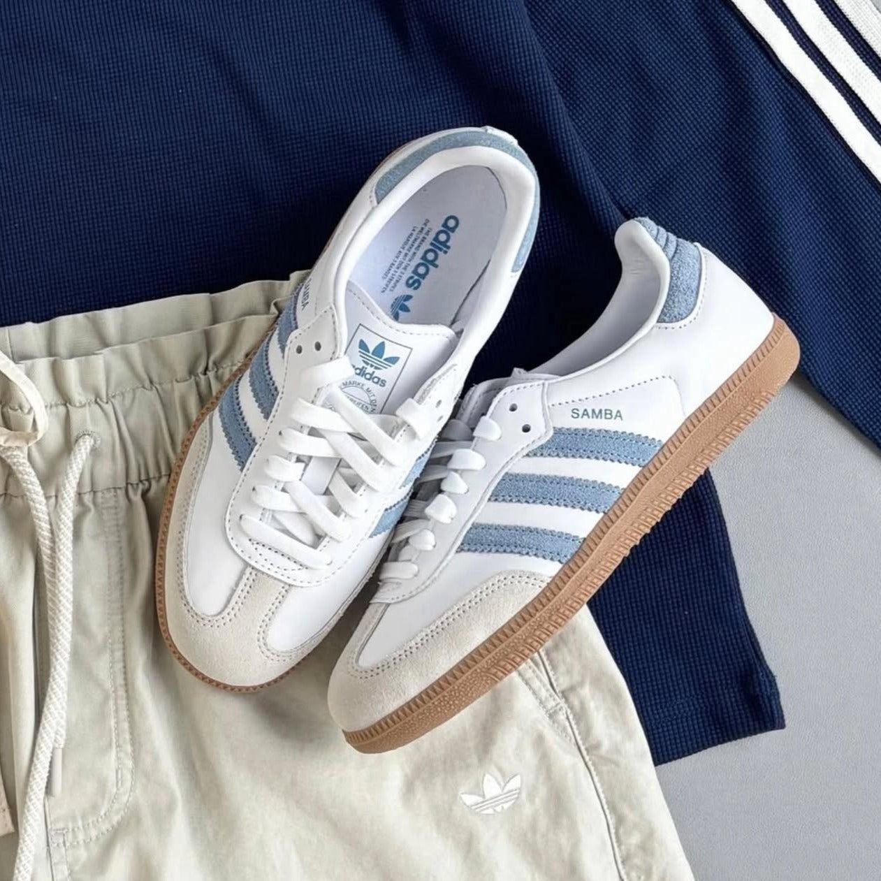 adidas Samba OG White Alumina Ash Blue (Women's), Lifestyle View 1, SKU JS1391