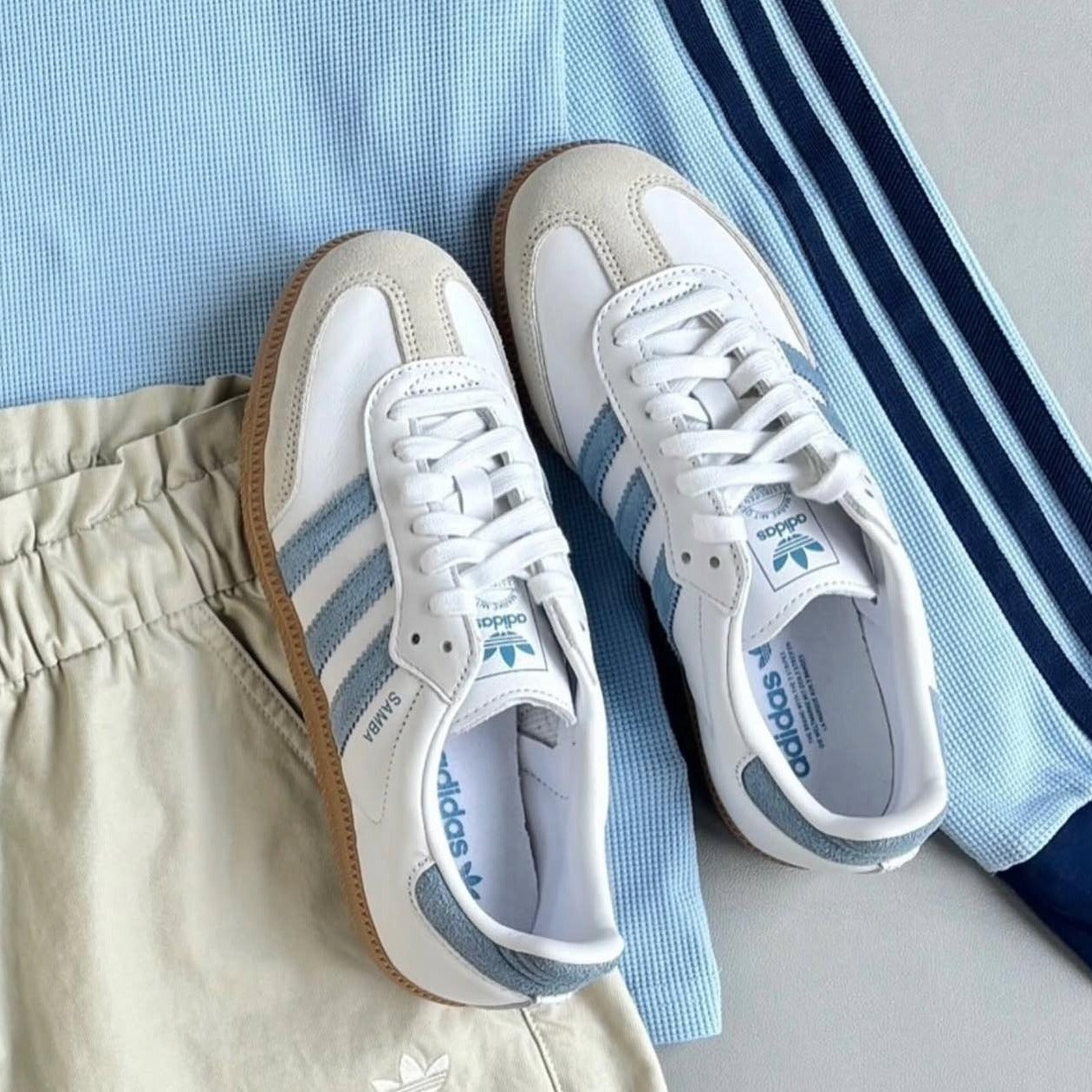 adidas Samba OG White Alumina Ash Blue (Women's), Lifestyle View 2, SKU JS1391