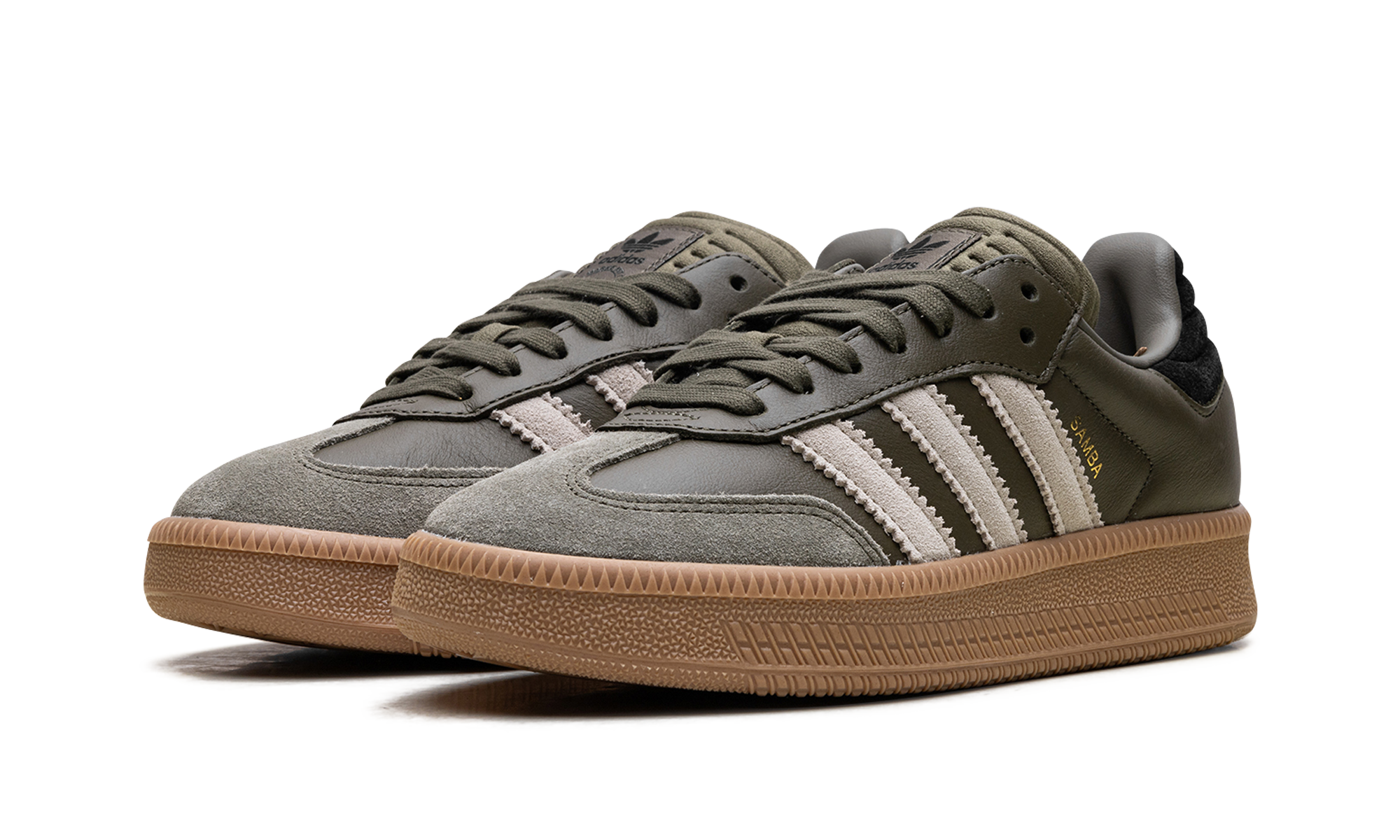 adidas samba xlg olive strata wonder beige gold metallic+JQ2387+diagnol left view