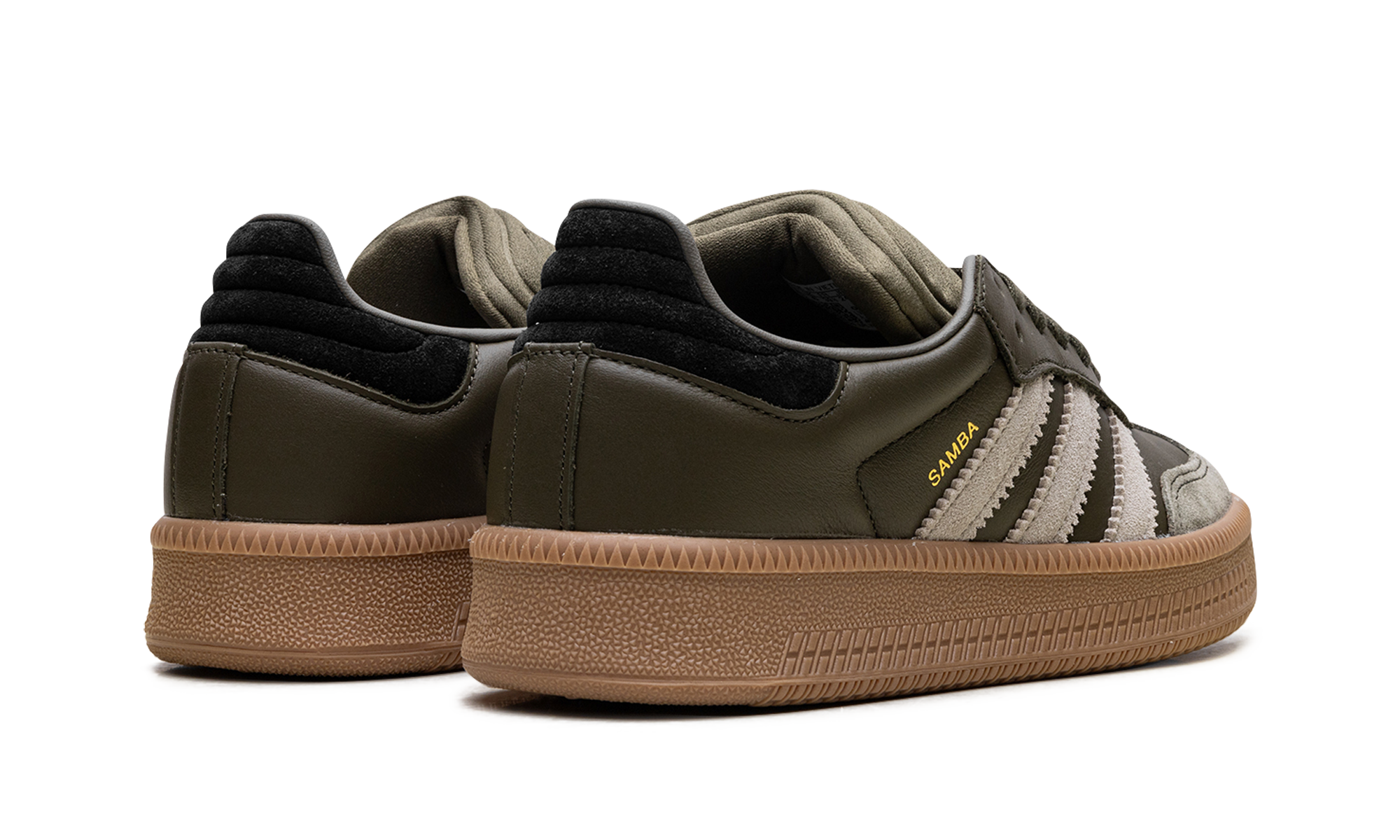 adidas samba xlg olive strata wonder beige gold metallic+JQ2387+diagnol right behind view