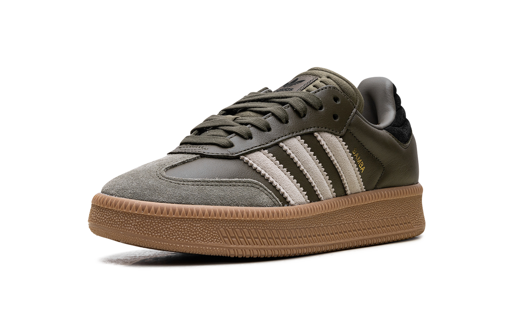 adidas samba xlg olive strata wonder beige gold metallic+JQ2387+left diagnol single view