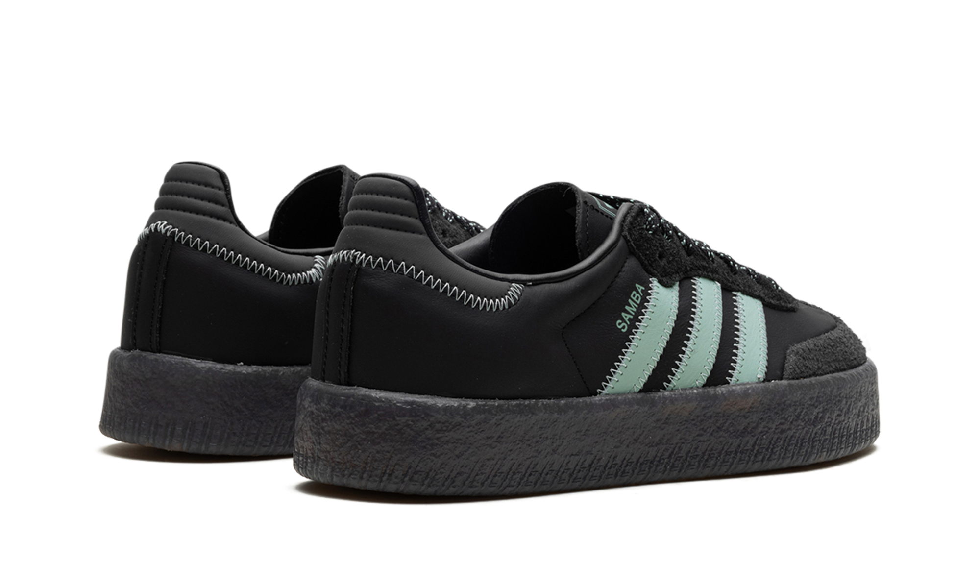 adidas sambae core black haze green women s+IE9110+diagnol right behind view