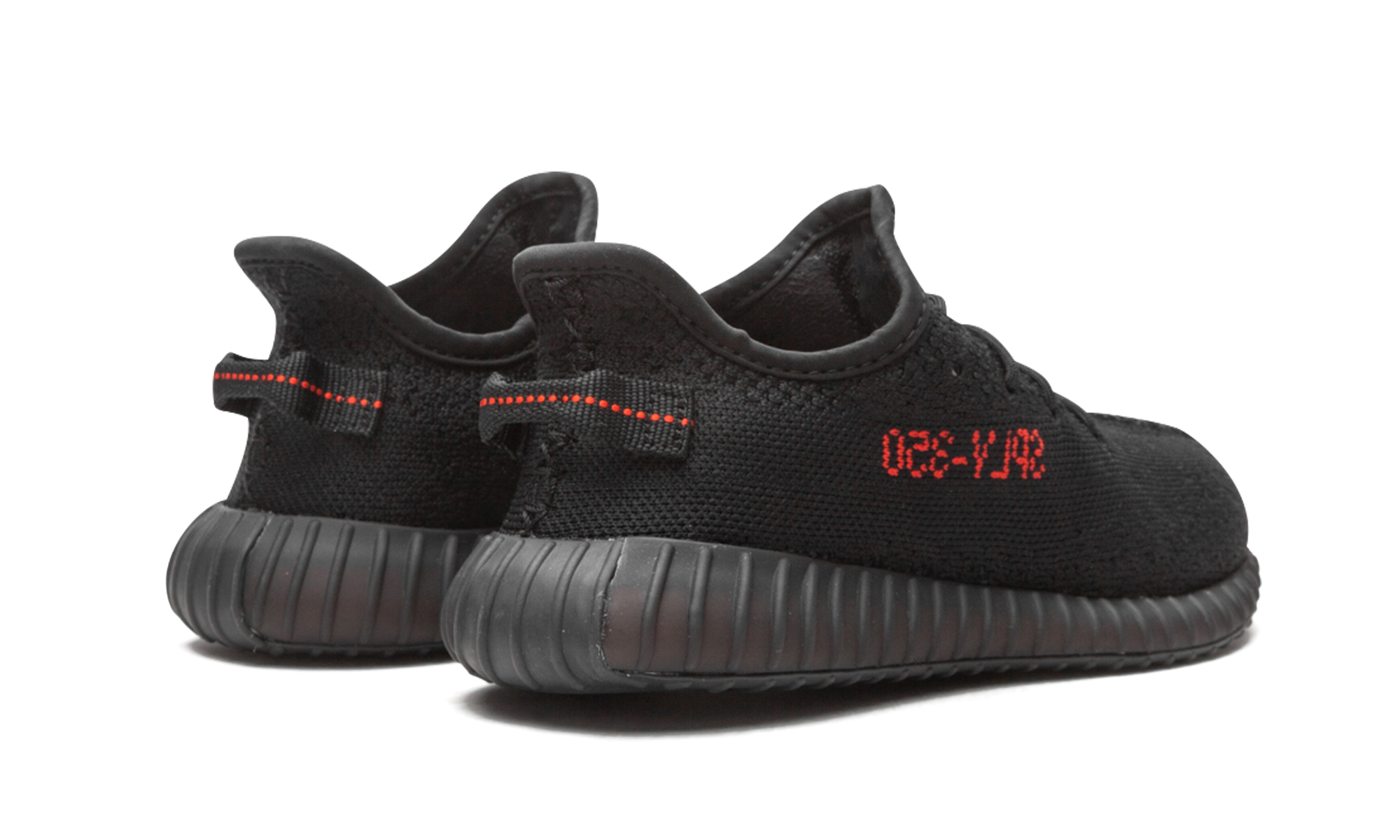 adidas yeezy boost 350 v2 black red kids+GZ8655+diagnol right behind view