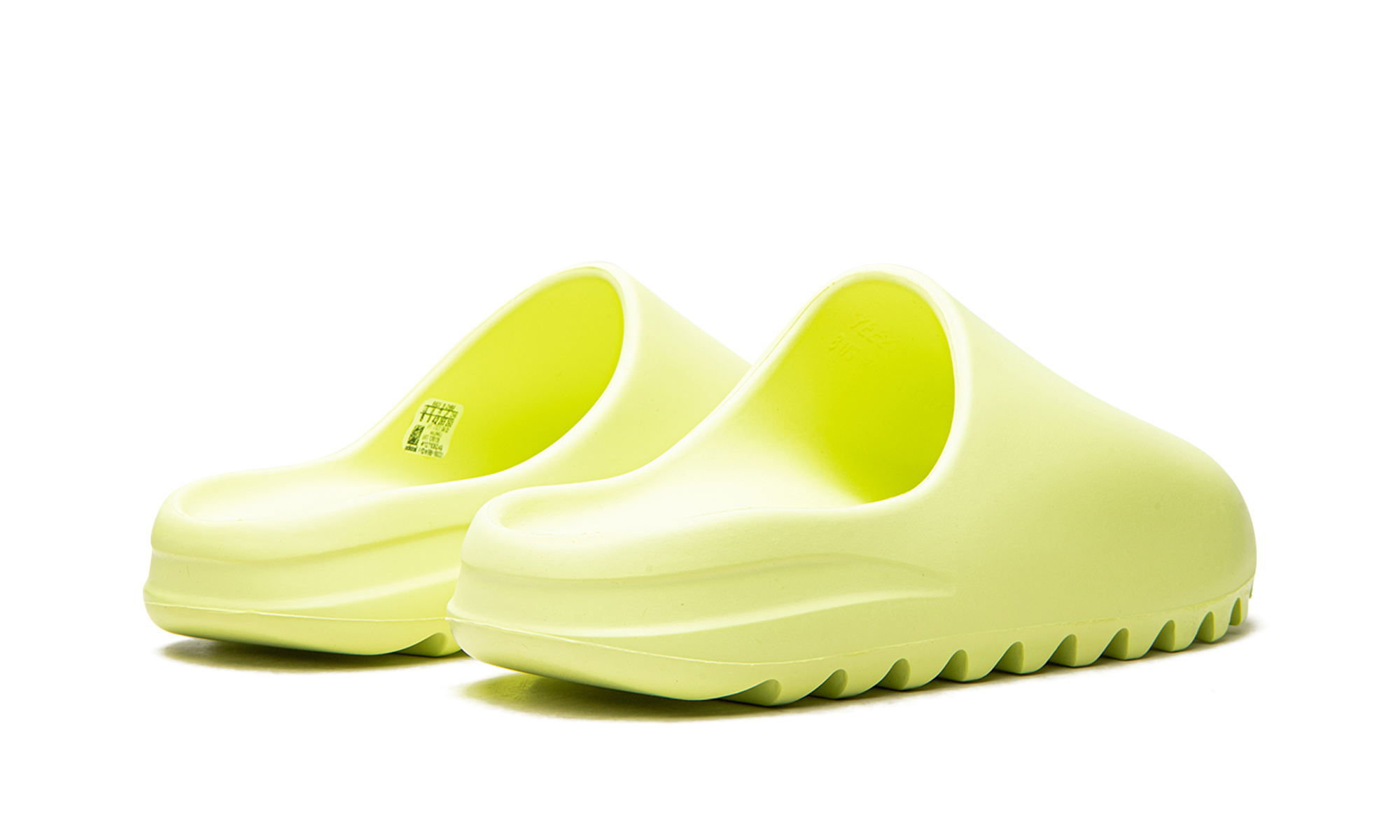 adidas yeezy slide glow green+GX6138+diagnol right behind view