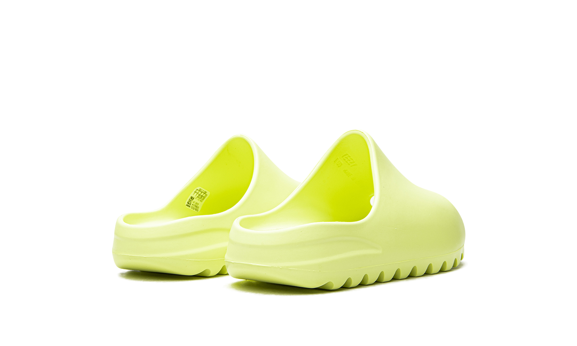 adidas yeezy slide glow green kids+GX6139+diagnol right behind view